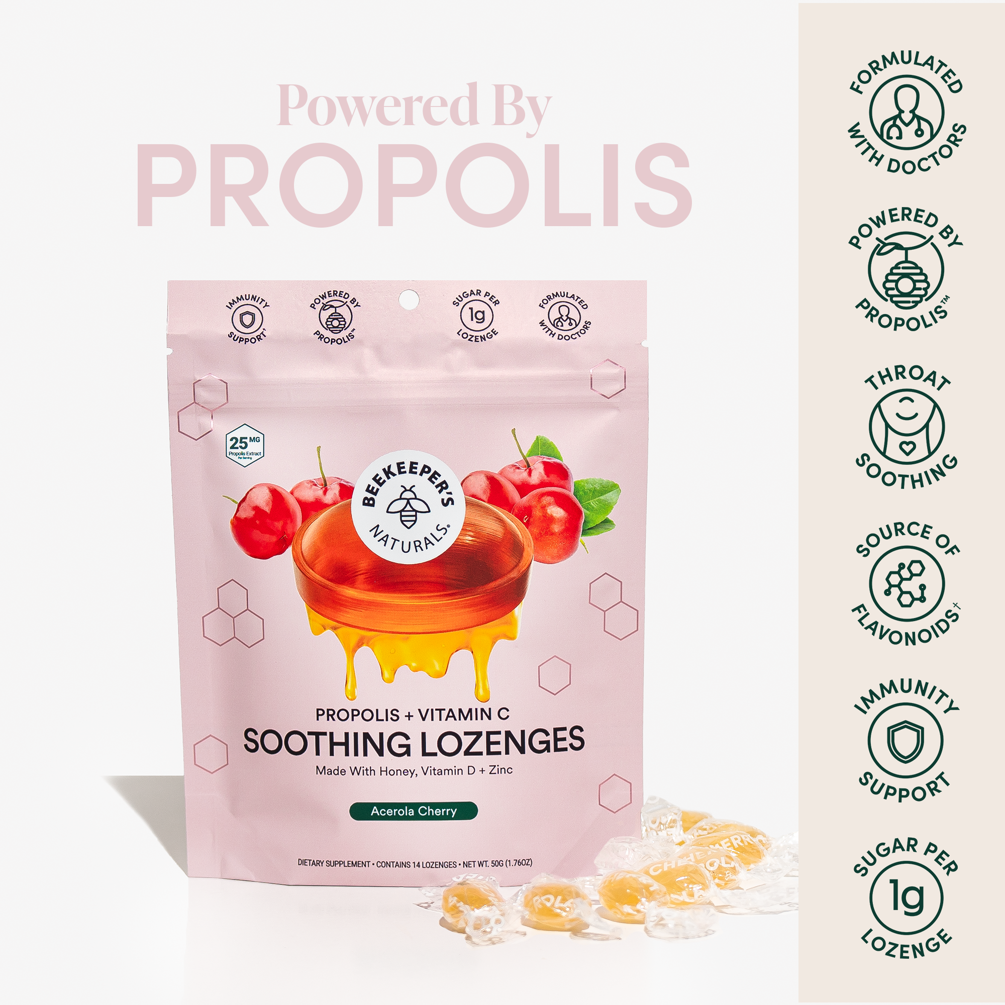 Cherry lozenges for throat soothing with propolis, vitamin C, honey, & zinc. Features "Powered by Propolis" branding &