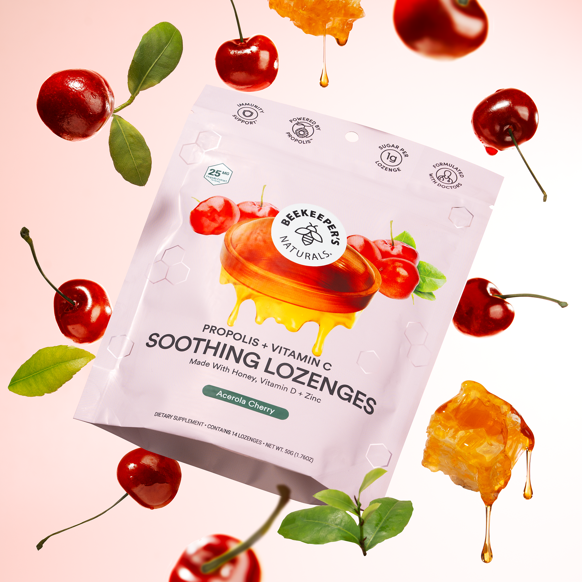Immunity support with cherry-flavored lozenges. Propolis + Vitamin C, "Beekeeper's Naturals" brand.