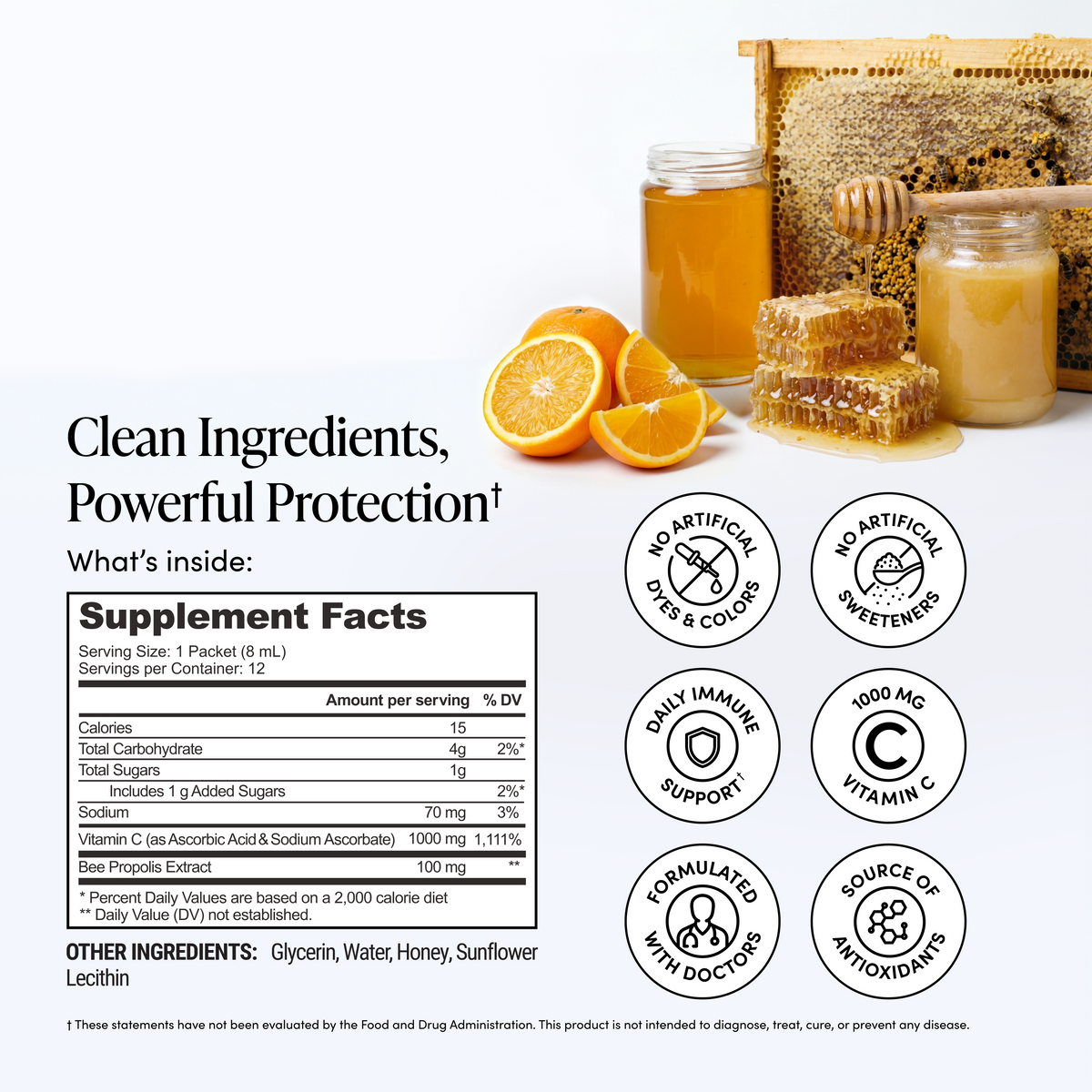 Infographic showing clean ingredients, powerful protection, 1,000mg vitamin C, and 100mg bee propolis per packet