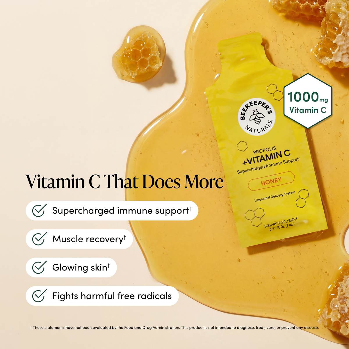 Beeswax sheet with propolis and vitamin C packaging on a honey background