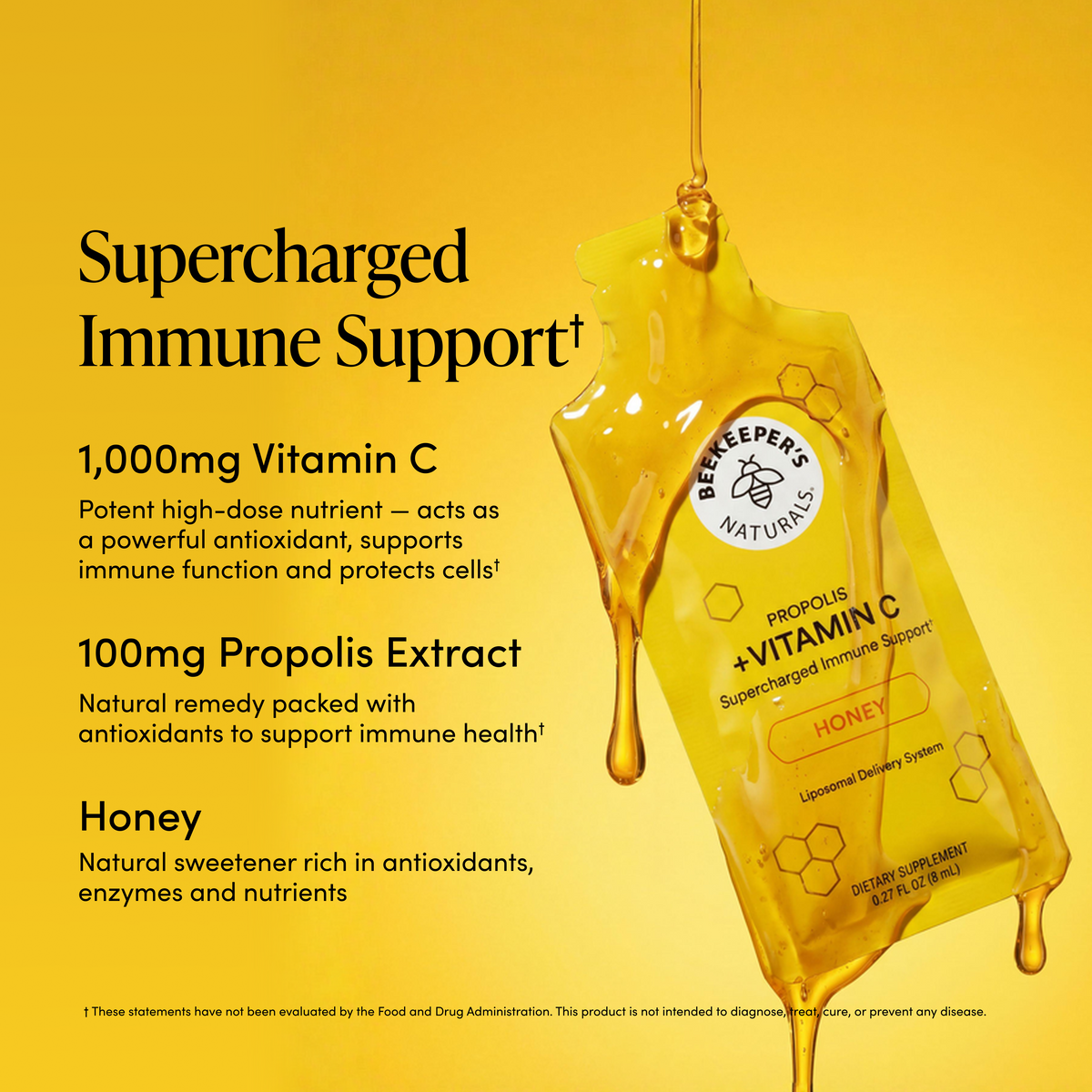 A honey-dripping supplement pouch labeled Beekeepers Naturals Propolis + Vitamin C Supercharged Immune Support on a bright yellow background with text describing ingredients and benefits.