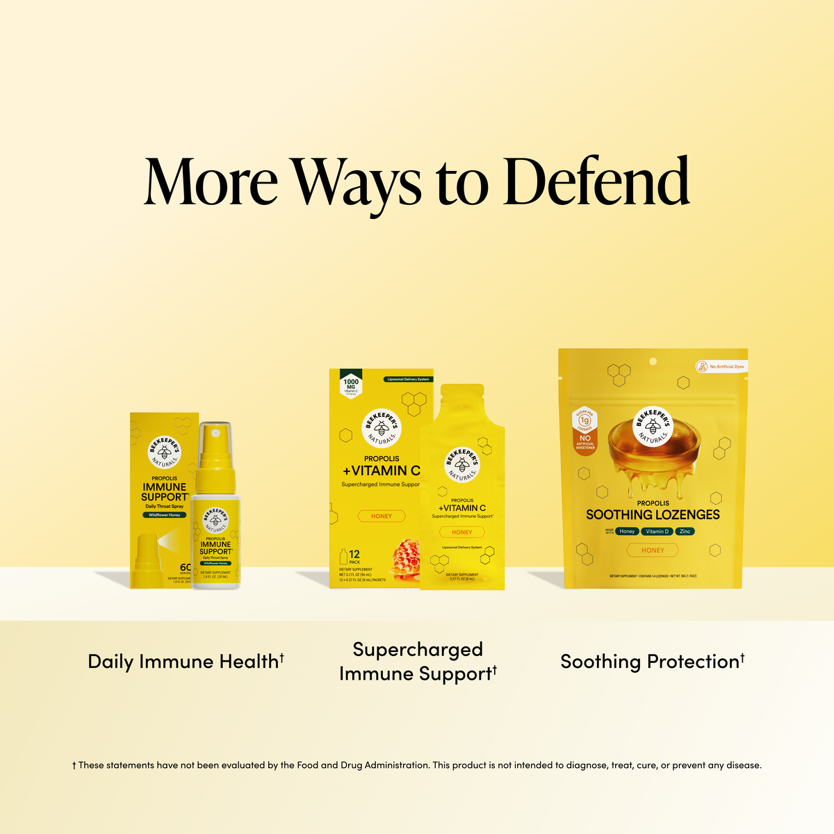 Three yellow and white health protection products from Honey & Herb are displayed under the headline 'More Ways to Defend' on a pale yellow background. The products are labeled 'Daily Immune Health' (spray and box), 'Supercharged Immune Support' (pack of tablets and sachet), and 'Soothing Protection' (sachet and pouch).