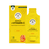 Beekeepers Naturals Propolis + Vitamin C Honey dietary supplement packaging, showing a yellow box and matching single-serve packet on a white background.