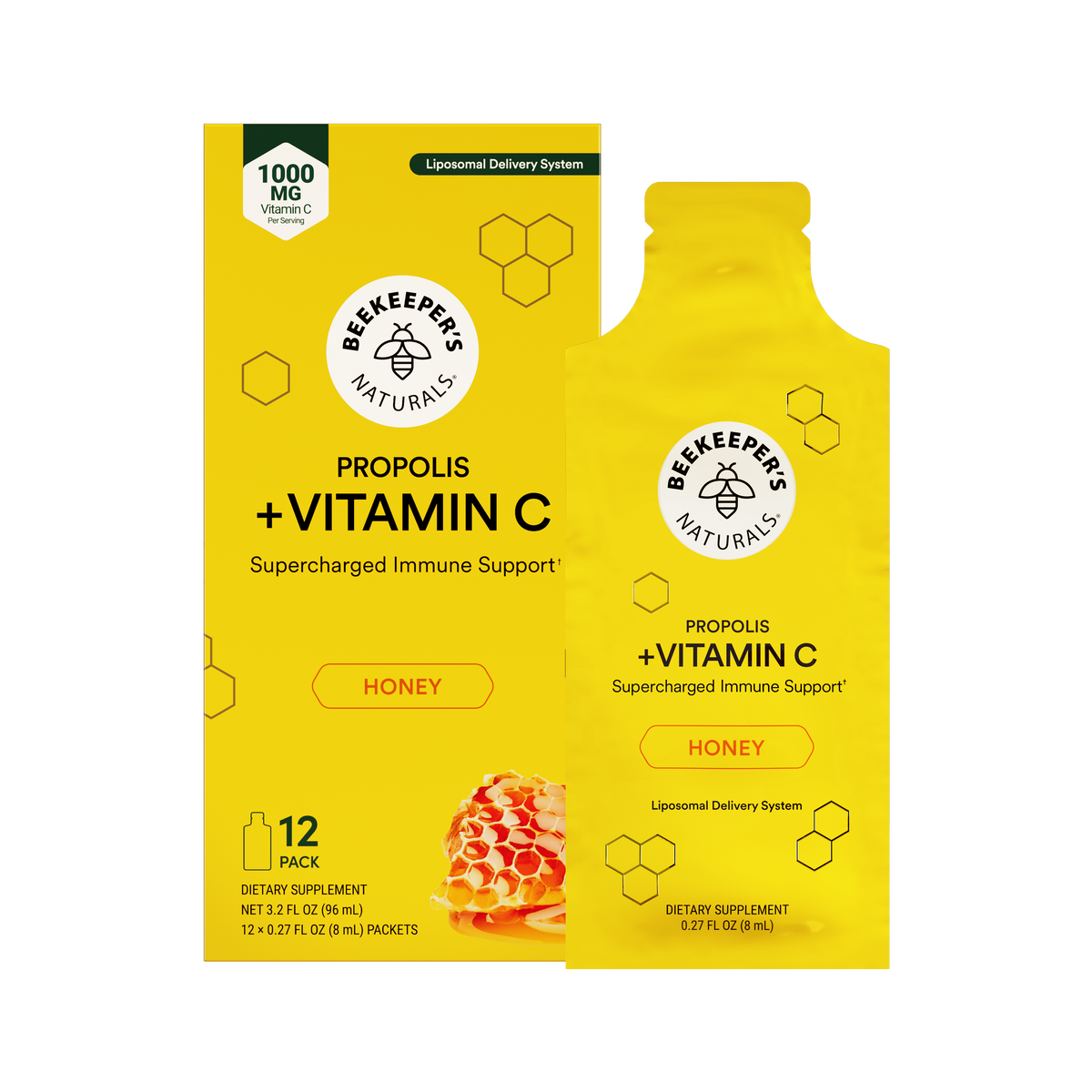 Beekeepers Naturals Propolis + Vitamin C Honey dietary supplement packaging, showing a yellow box and matching single-serve packet on a white background.