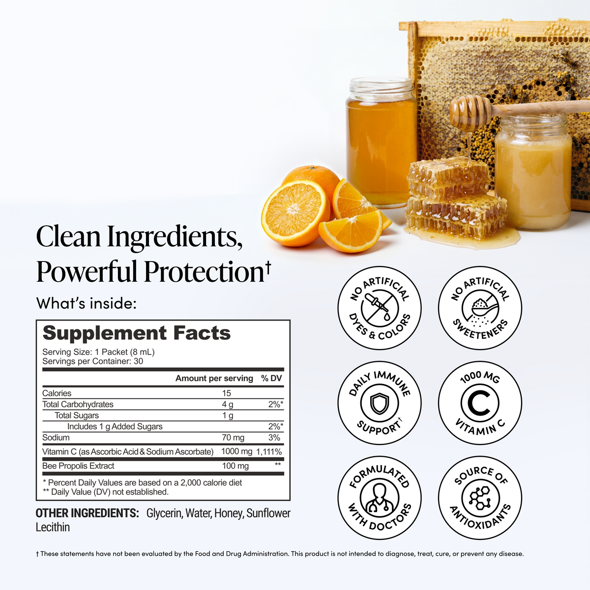 A supplement facts and benefits graphic for a jar of honeycomb and lechitan. The image features a jar of white powder, fresh oranges, and a honeycomb block on a white background, alongside a detailed supplement facts label and six circular icons highlighting key product benefits such as 'To Artificial Dye & Colors' and 'Deli Immune Support'.