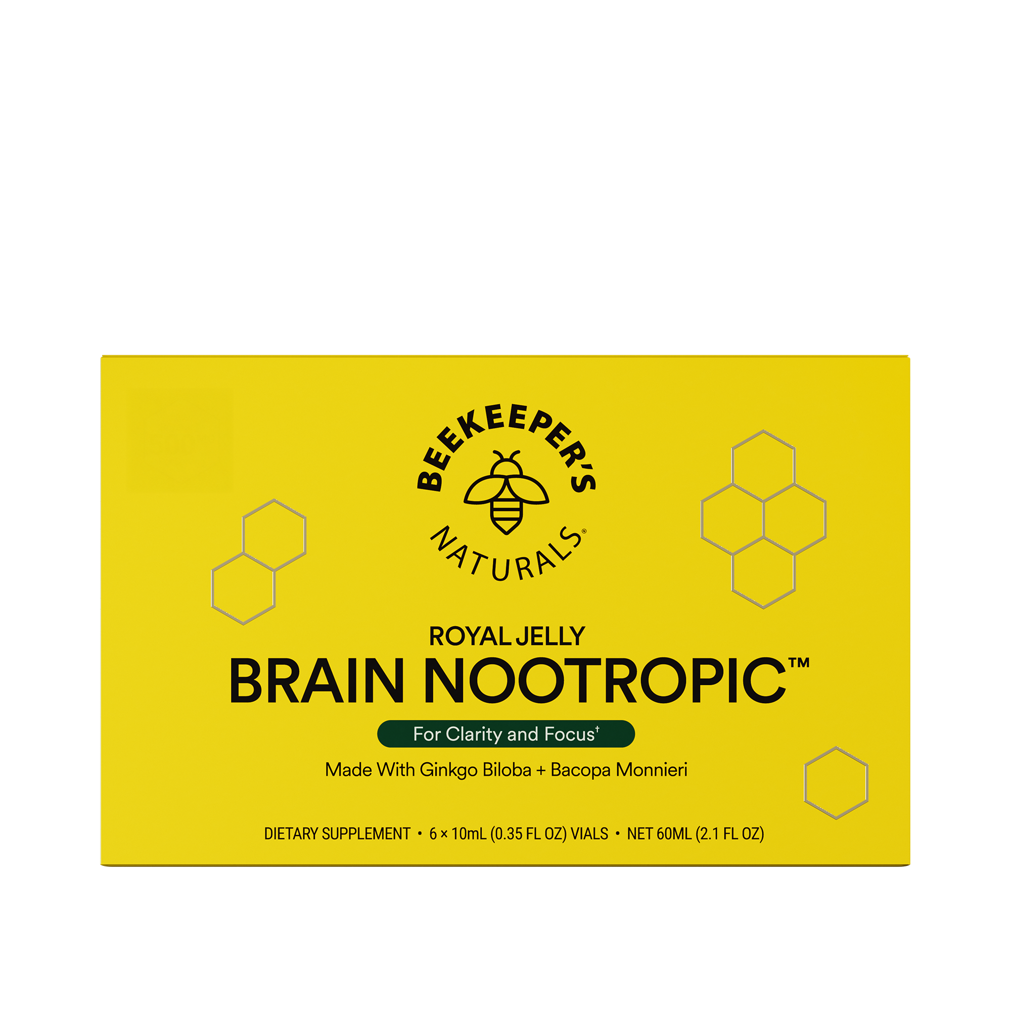 A yellow box of Beekeeper's Naturals Royal Jelly Brain Nootropic, with hexagonal patterns and branding information.