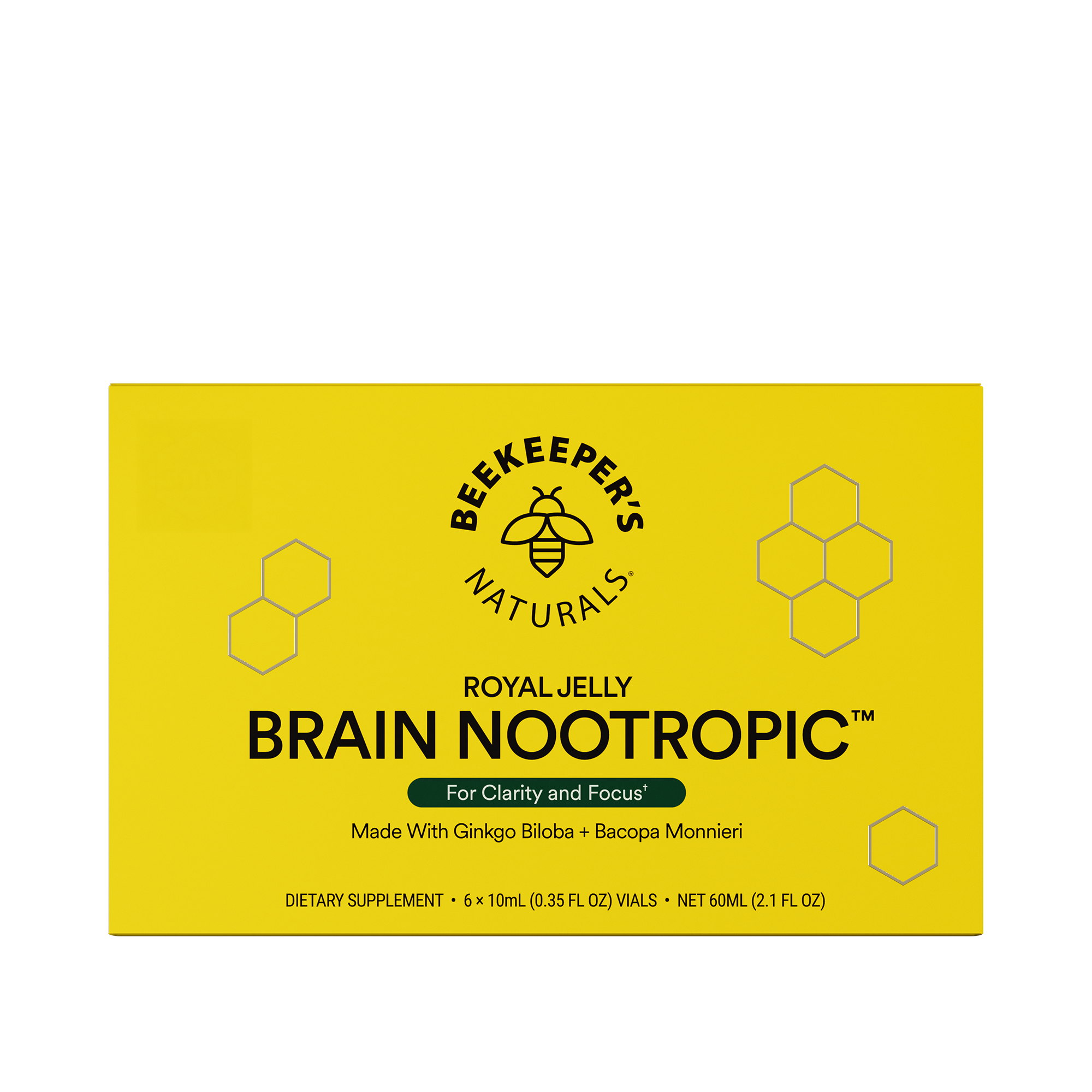 Royal Jelly Brain Nootropic packaging for clarity and focus. Dietary supplement with Ginkgo Biloba and Bacopa Monnieri.
