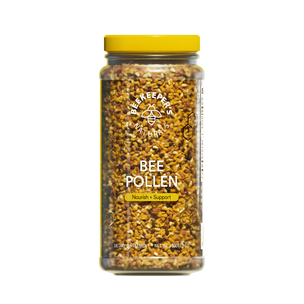 A clear jar containing bee pollen with a yellow lid, labeled 'BEE POLLEN' and 'Nature's Multivitamin'.
