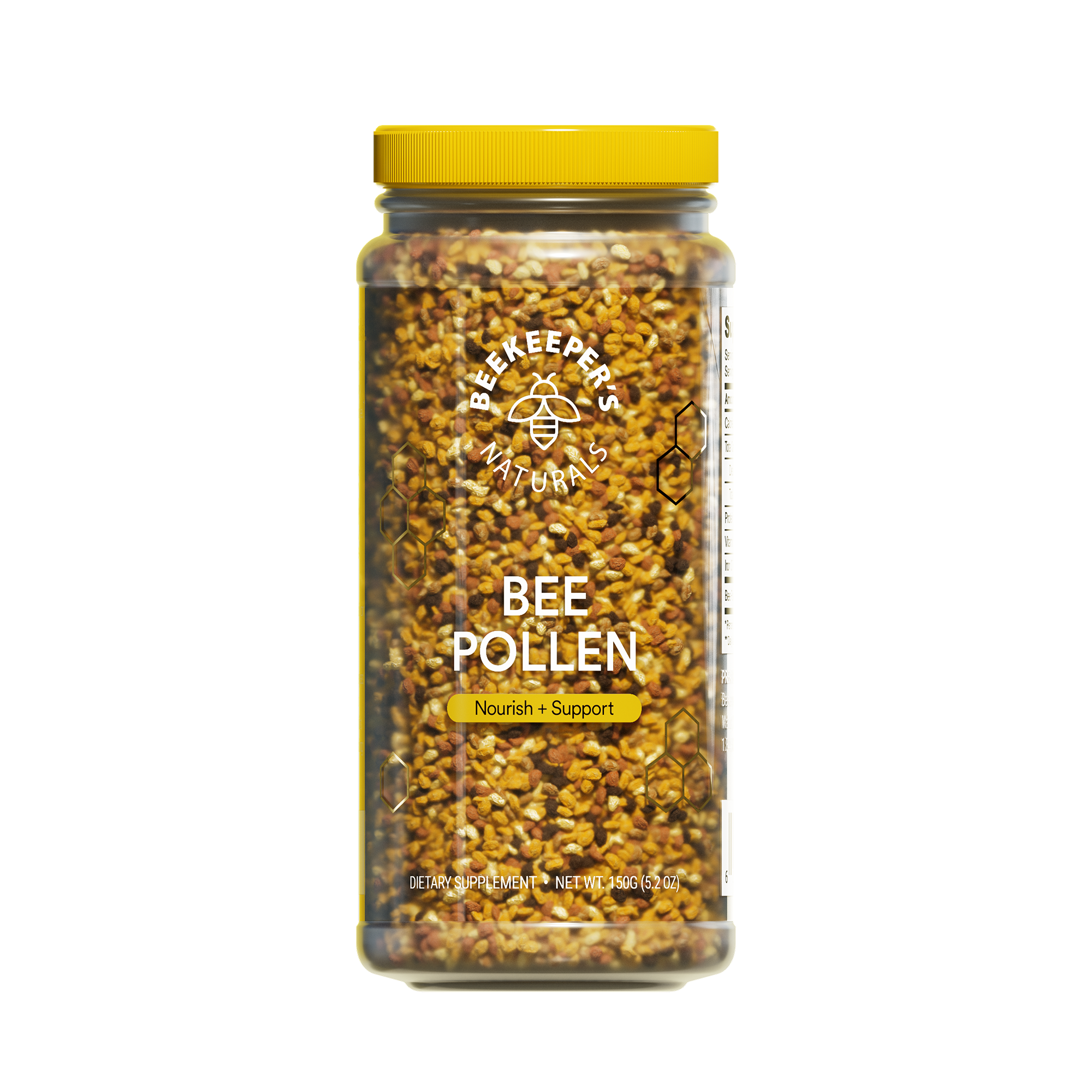 A clear jar containing bee pollen with a yellow lid, labeled 'BEE POLLEN' and 'Nature's Multivitamin'.