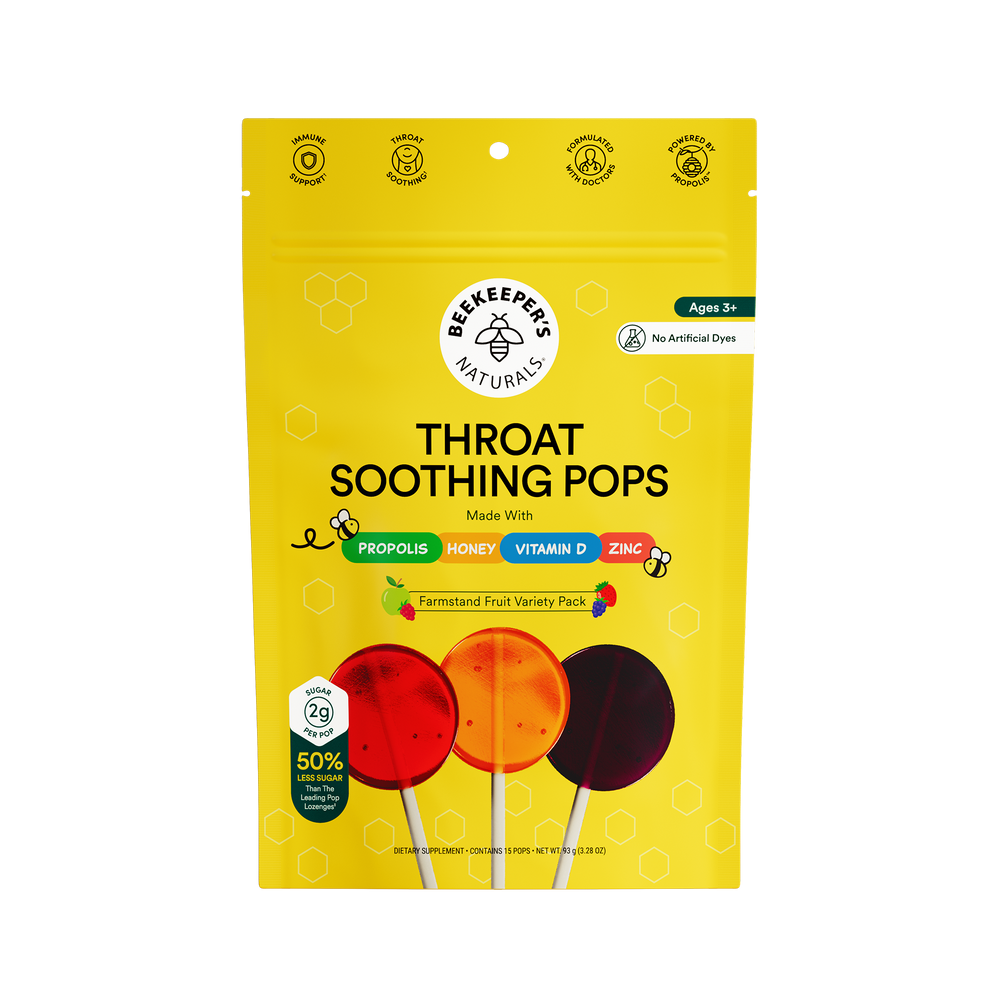 Yellow package of Beekeeper's Naturals Throat Soothing Pops on a white background