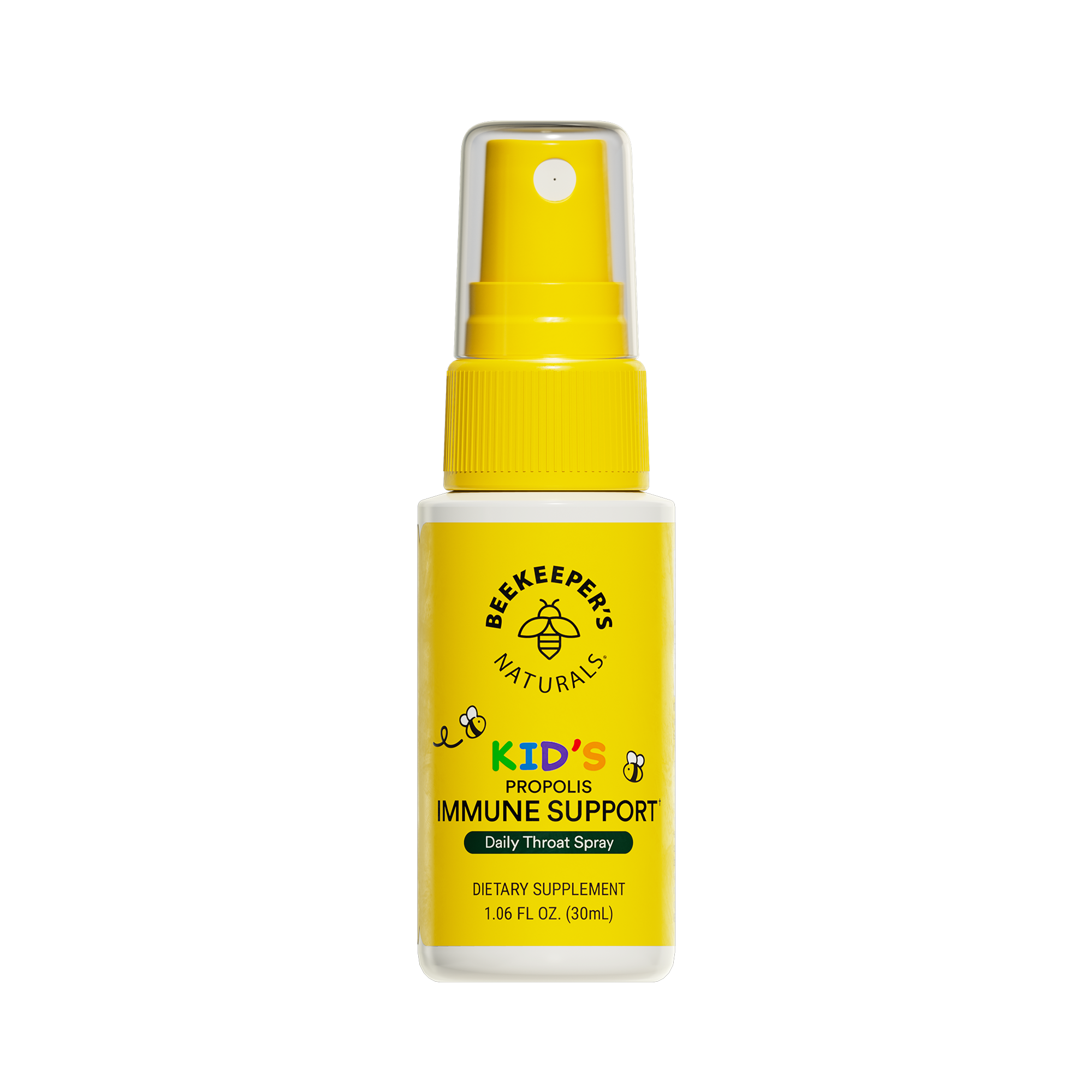 A yellow spray bottle labeled 'Kids Propolis Throat Spray' by Beekeeper's Naturals, marketed as a dietary supplement for immune support.