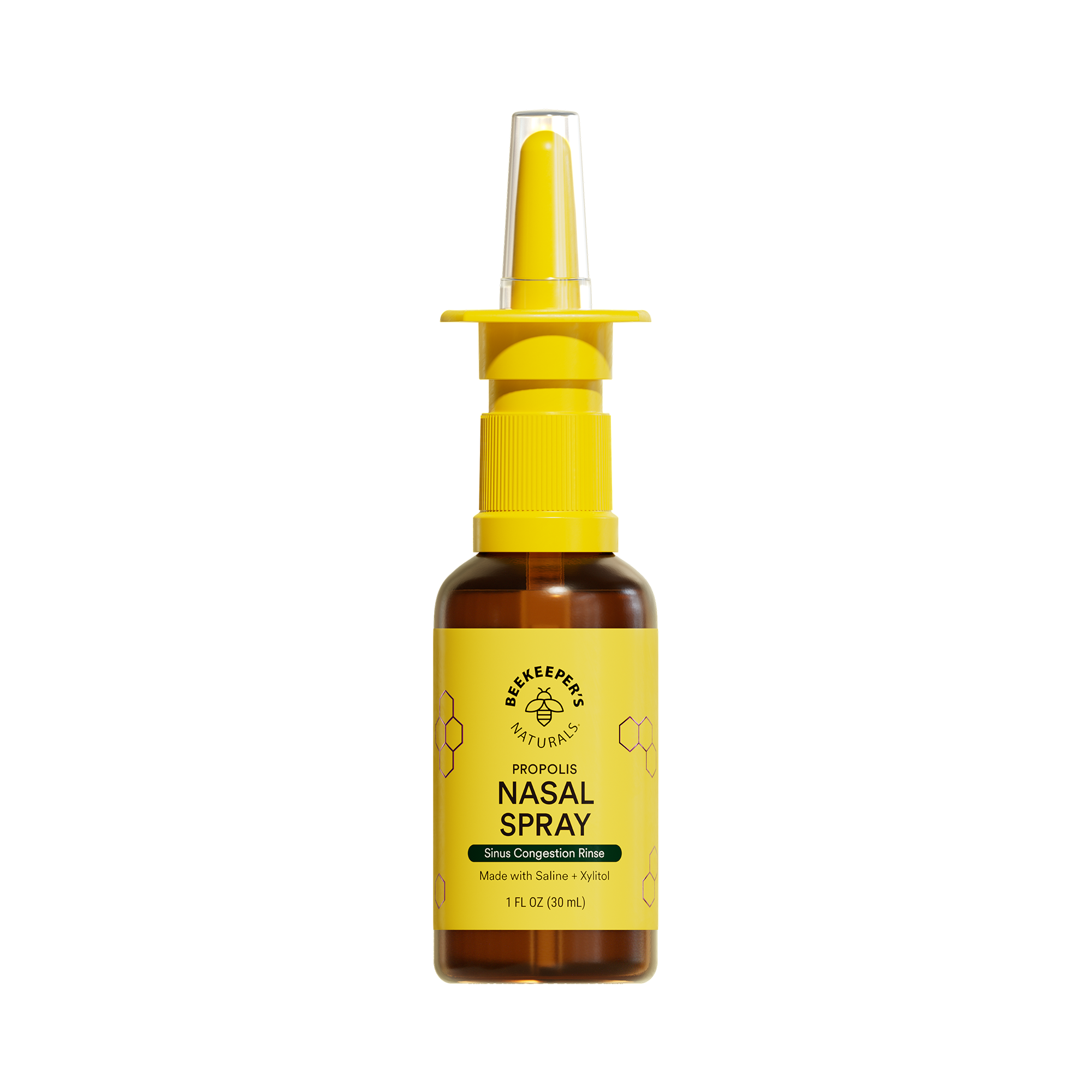 A bottle of nasal spray with a yellow nozzle and label, on a white background.