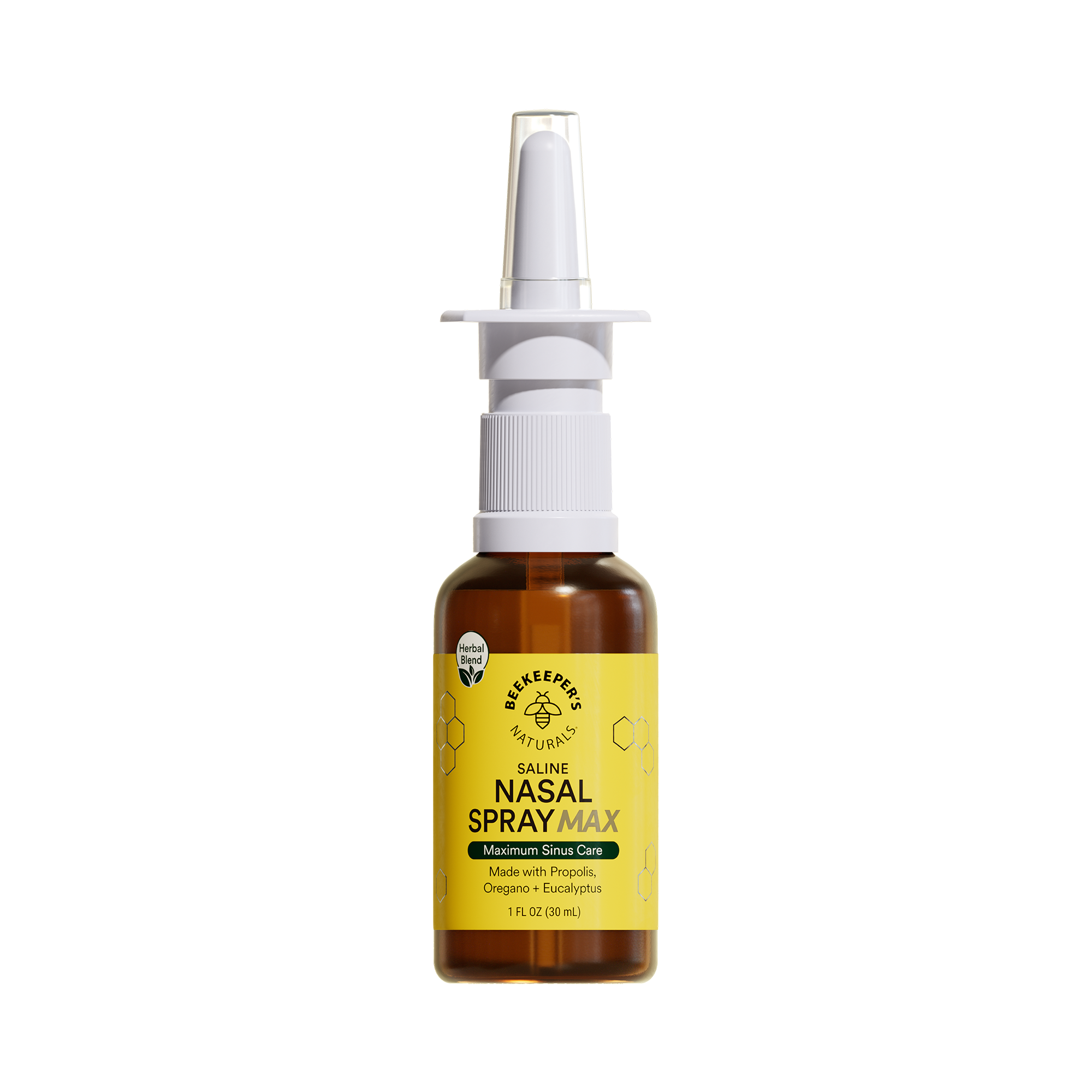A bottle of Nasal Spray Max with a white spray nozzle on a transparent background, labeled with a yellow and green label.