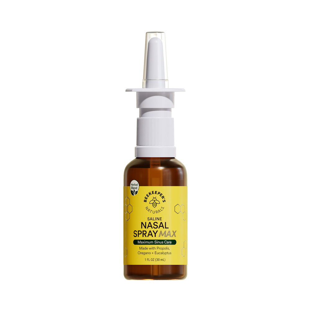 Beekeeper's Naturals Nasal Spray Max for maximum sinus care with propolis, oregano, and eucalyptus for natural relief.