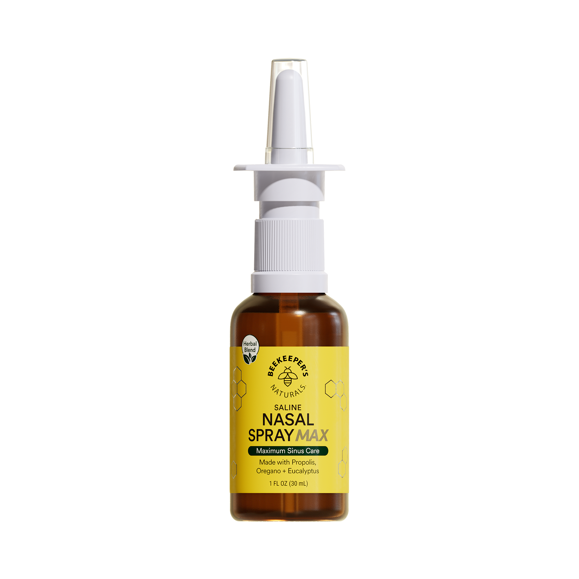 Beekeeper's Naturals Nasal Spray Max for maximum sinus care with propolis, oregano, and eucalyptus for natural relief.