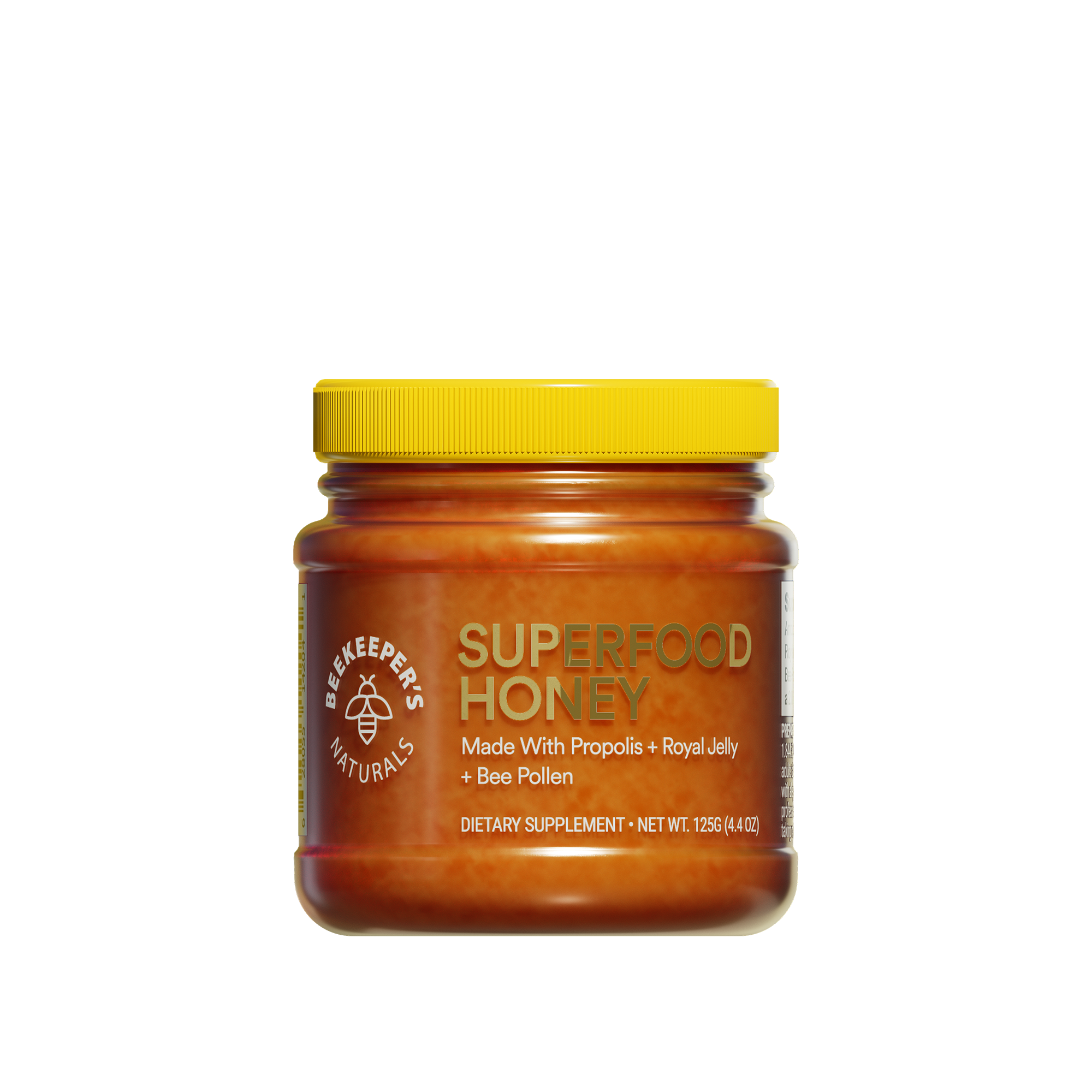 A jar of Superfood Honey 125g with a yellow lid, label displays the product name and mentions Propolis, Royal Jelly, and Bee Pollen as ingredients.