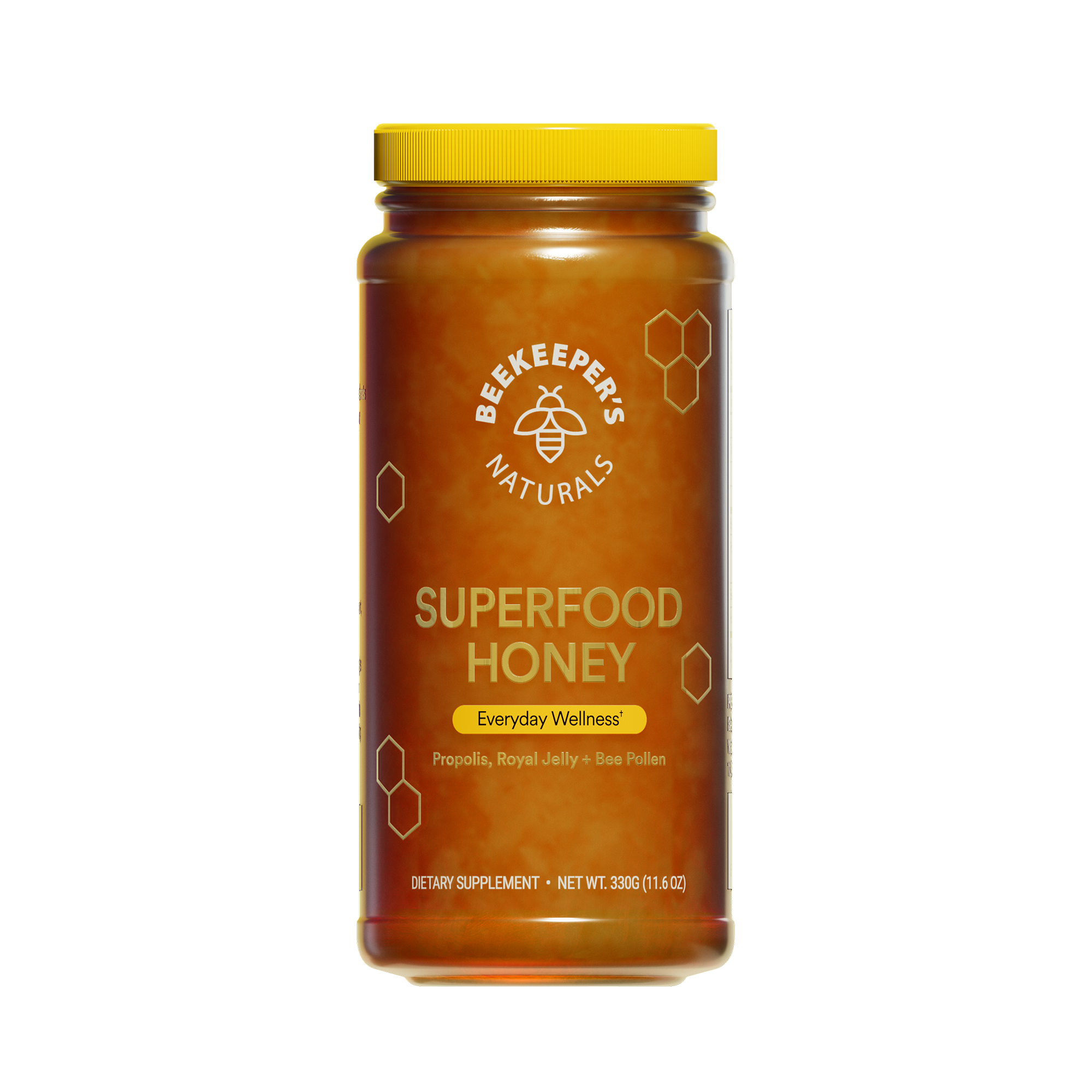 A jar of Beekeeper's Naturals Superfood Honey with a yellow lid, honeycomb patterns, and labels indicating propolis, bee pollen, and royal jelly as ingredients.