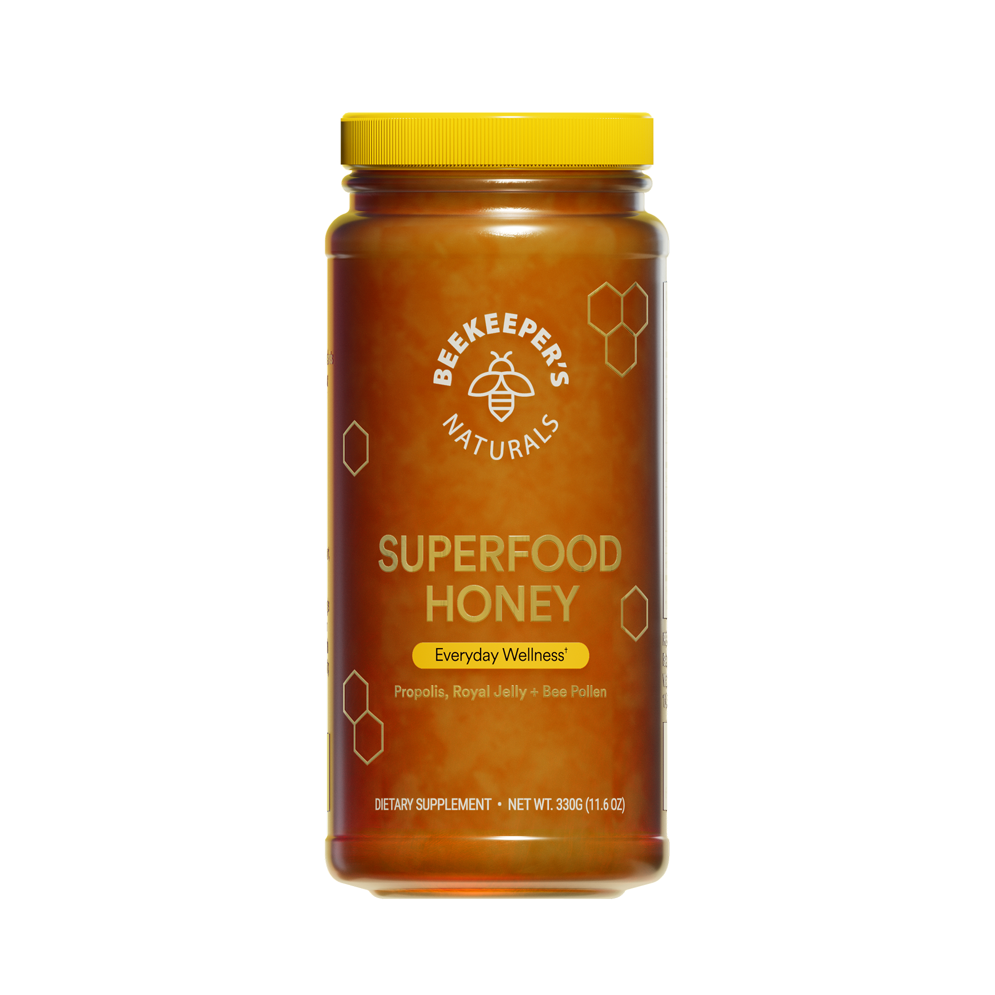 Beekeeper's Naturals Superfood Honey jar. Dietary supplement with propolis, royal jelly and bee pollen. Everyday Wellness.