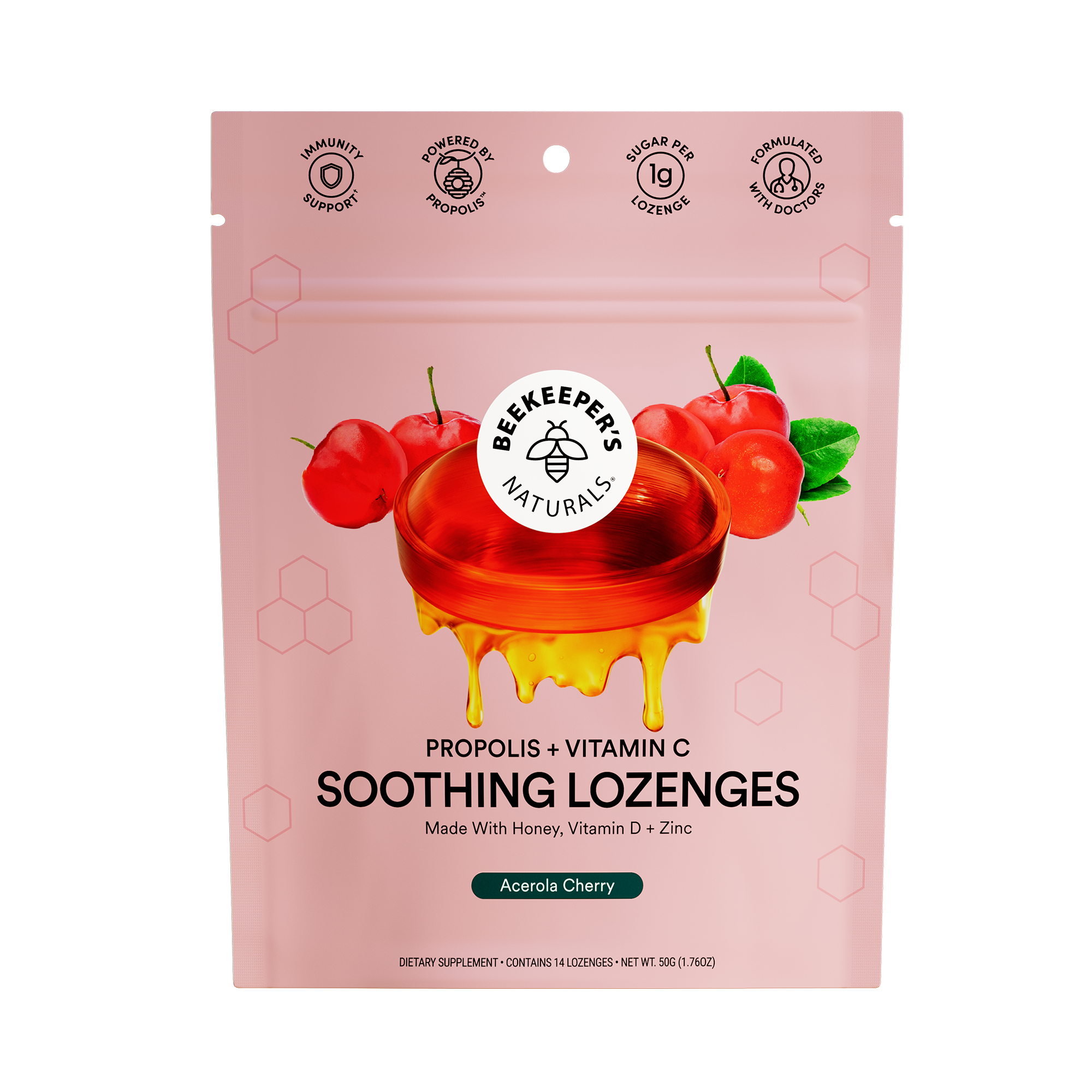 Packaging for Beekeeper's Naturals Propolis + Vitamin C Soothing Lozenges with an illustration of cherries and a honeycomb design element, against a pink background.