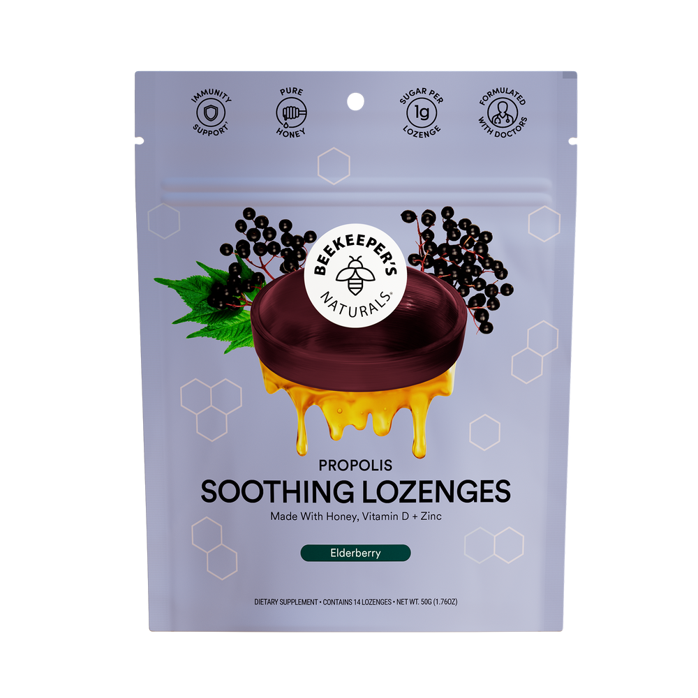 Packaging for Beekeeper's Naturals Propolis Soothing Lozenges, elderberry flavor, with propolis and honey depicted visually