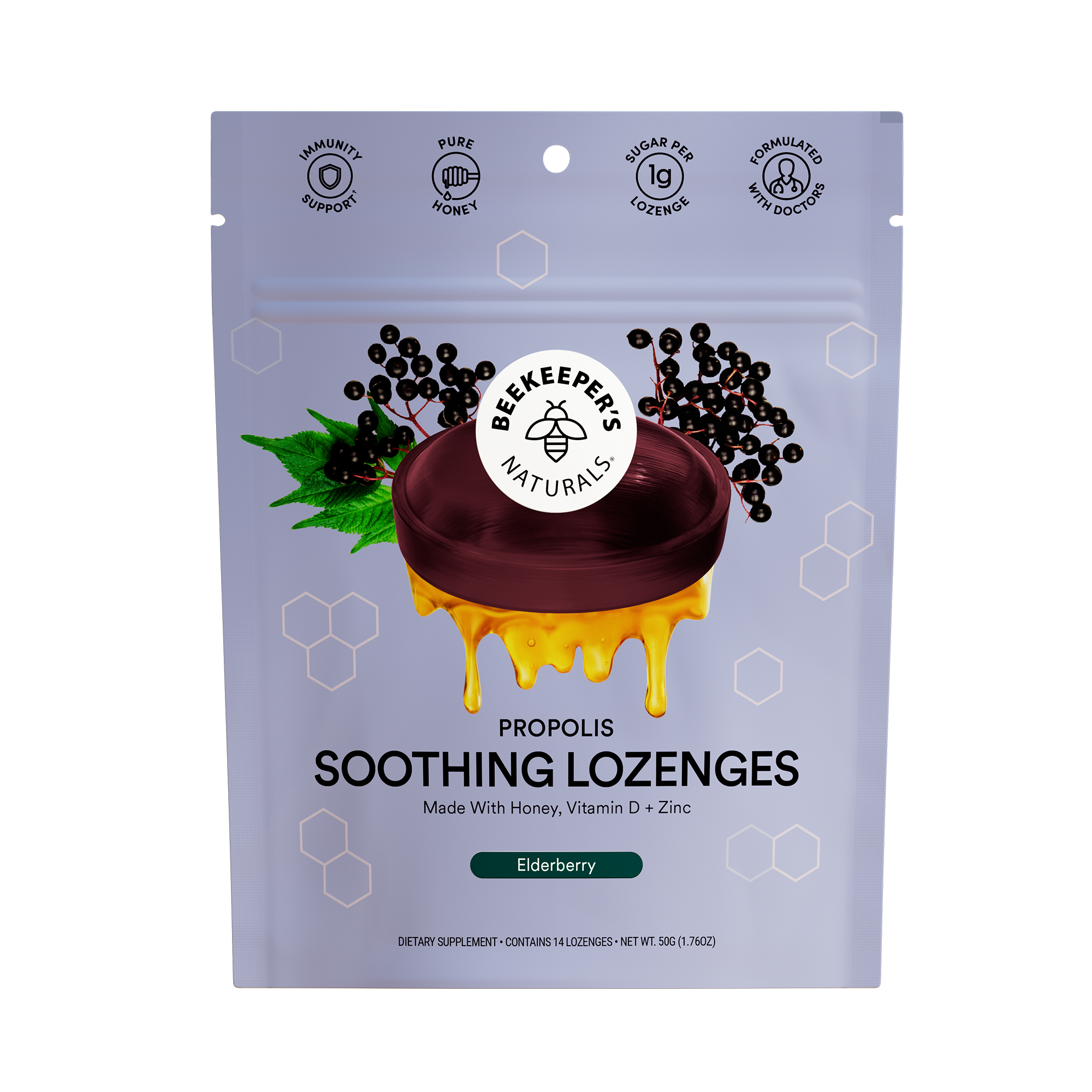 Packaging for Beekeeper's Naturals Propolis Soothing Lozenges, elderberry flavor, with propolis and honey depicted visually