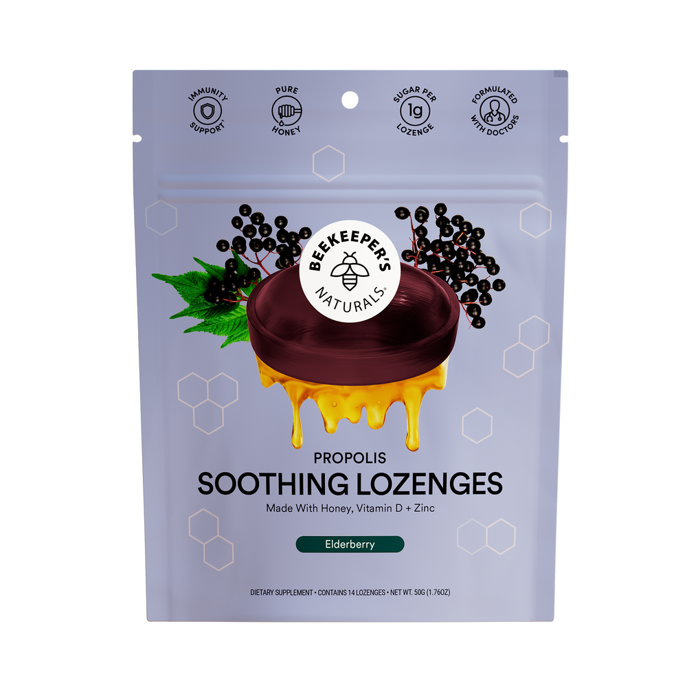 Beekeeper's Naturals Elderberry Propolis lozenges for soothing throat relief. Features honey, vitamin D, & zinc. Immunity