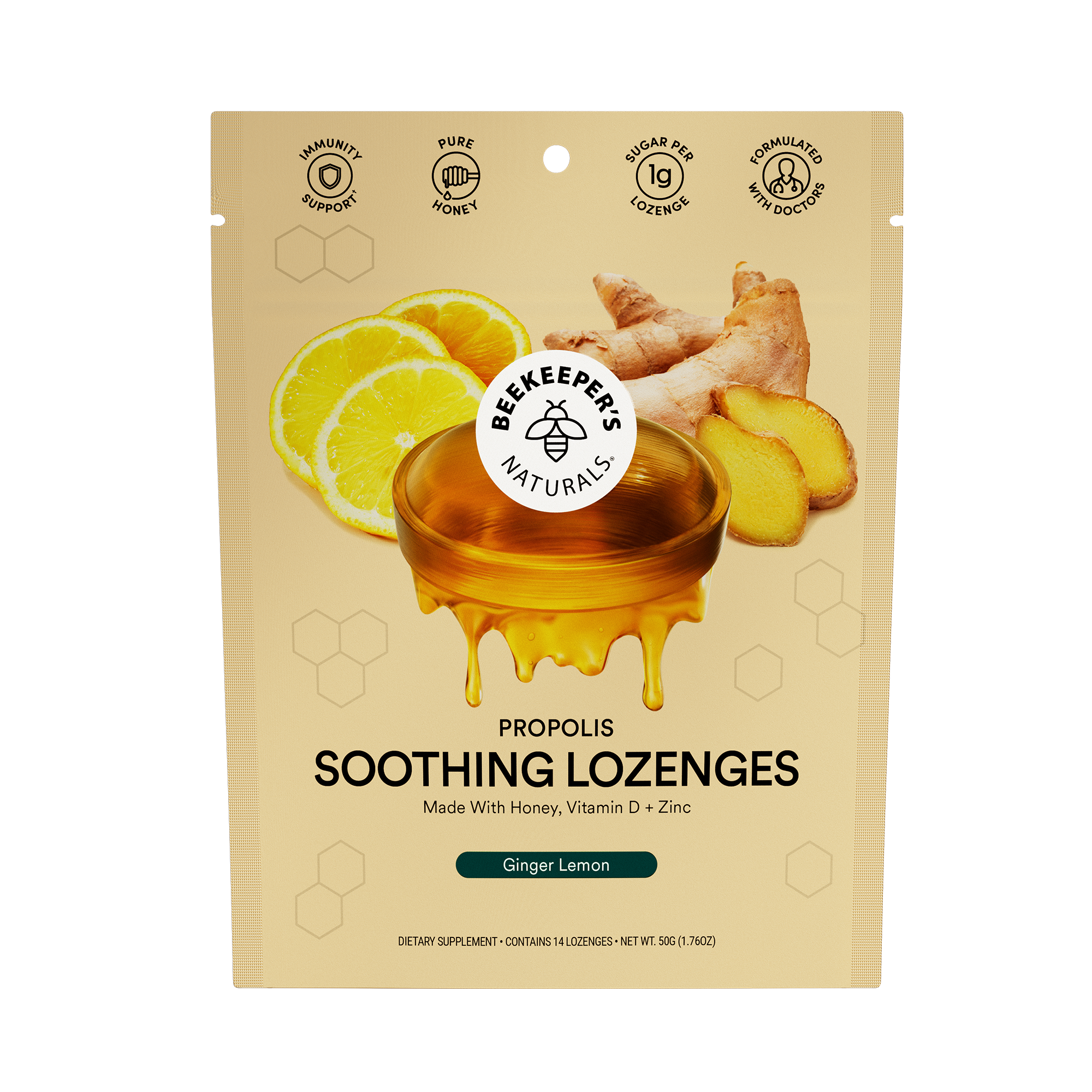 Packaging for Beekeeper's Naturals Propolis Soothing Lozenges with Ginger Lemon flavor. The box is colored yellow with images of propolis, honey, and lemons.