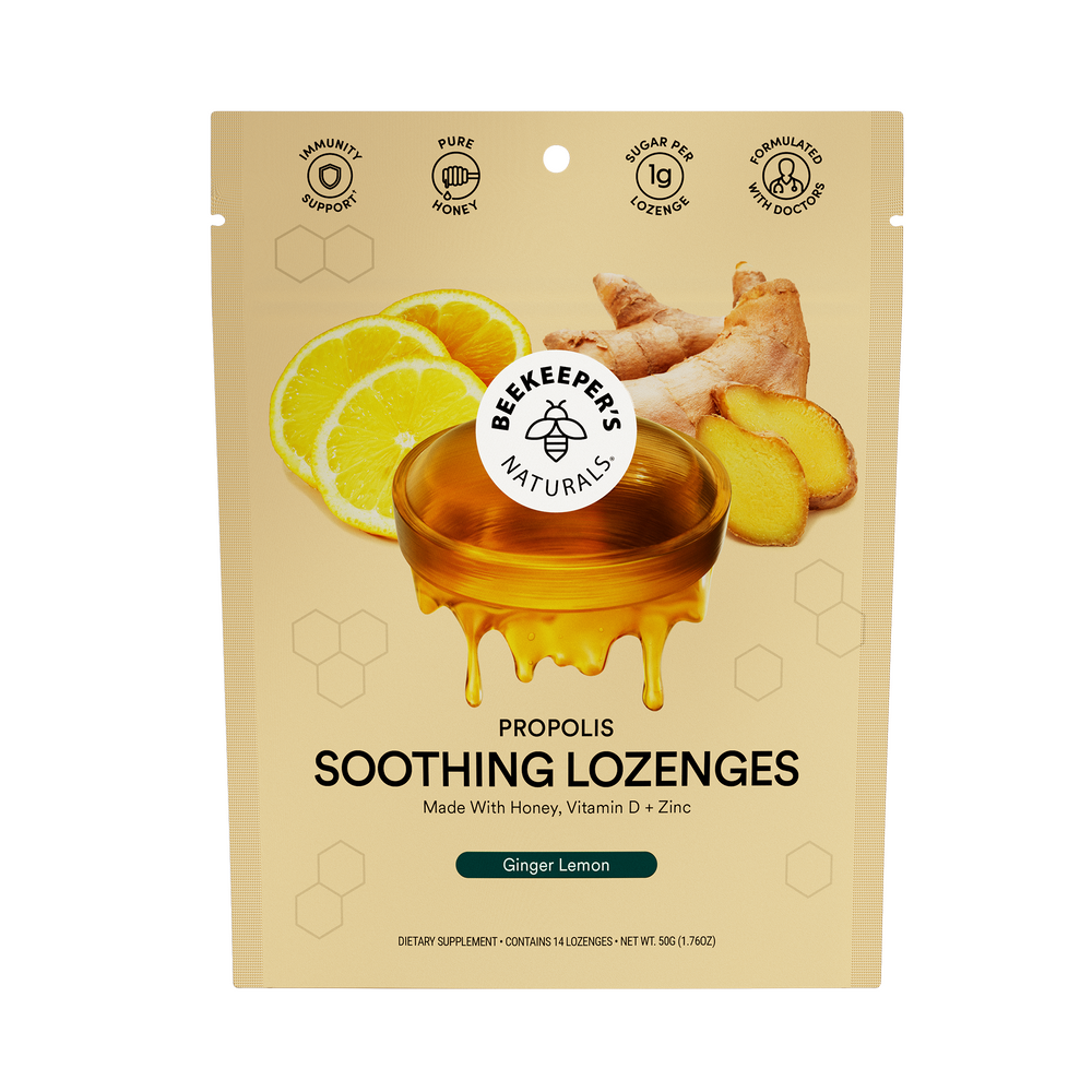 Beekeeper's Naturals Ginger Lemon lozenges for soothing relief. Contains honey, vitamin D, and zinc to support immunity.