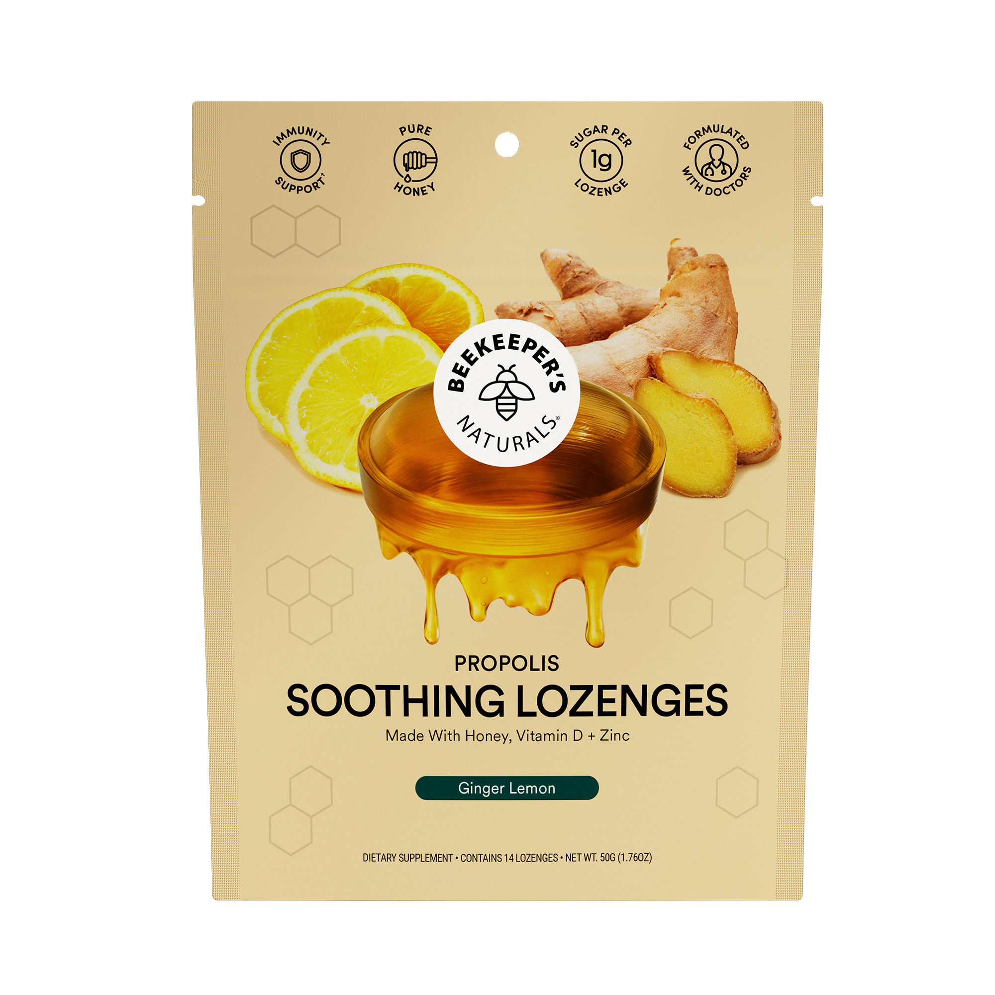 Beekeeper's Naturals Ginger Lemon lozenges for soothing relief. Contains honey, vitamin D, and zinc to support immunity.