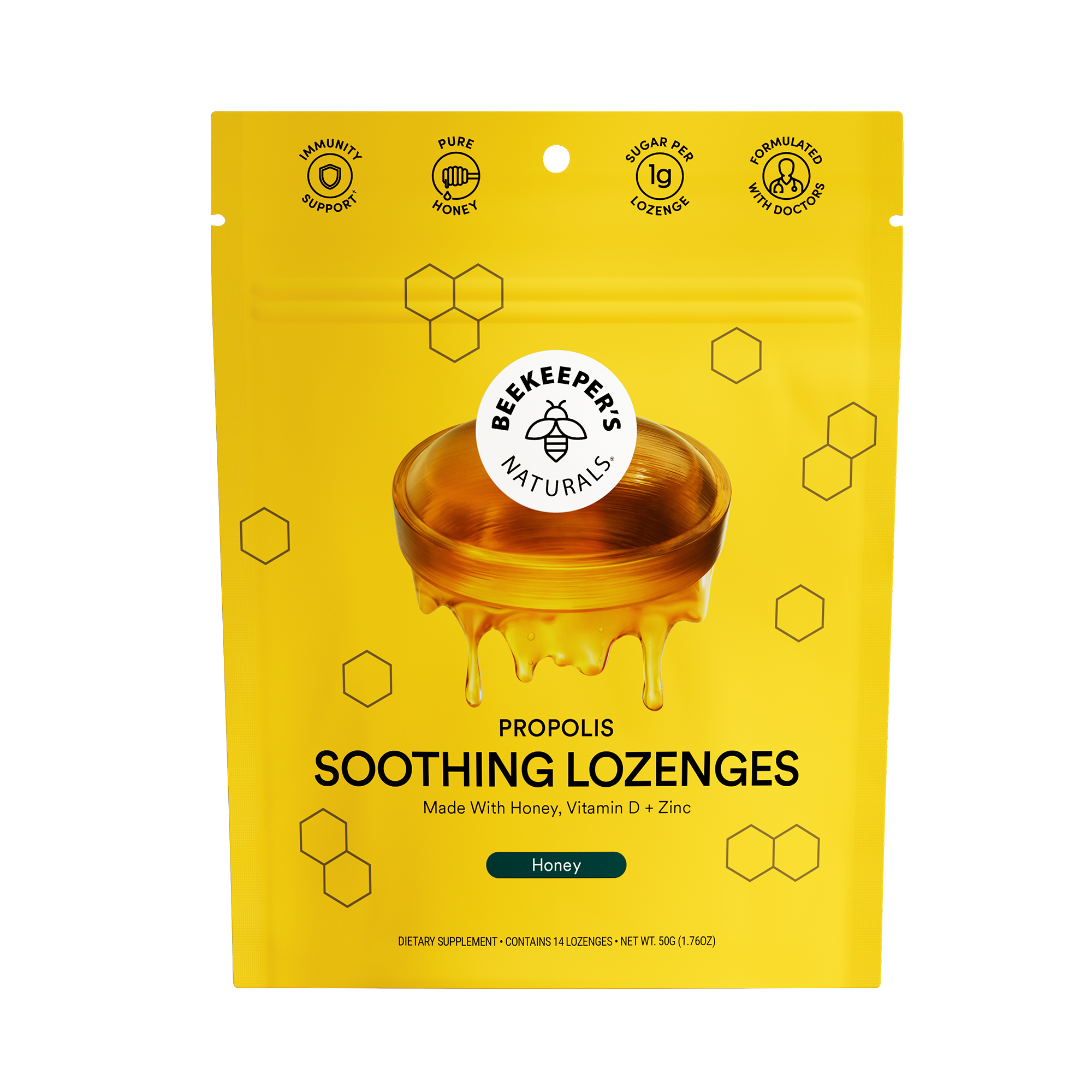 A package of Beekeeper's Naturals Propolis Soothing Lozenges with honey flavor, depicted with a background of yellow and hexagonal patterns, consistent with the brand's aesthetic.