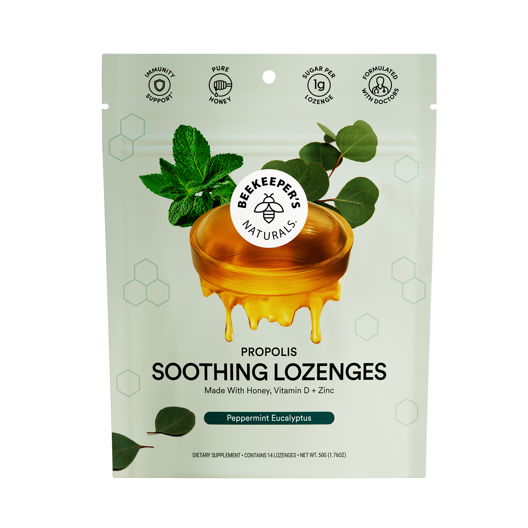 Packaging for Beekeeper's Naturals Propolis Soothing Lozenges with an image of a honeycomb and leaves, indicating a natural product.