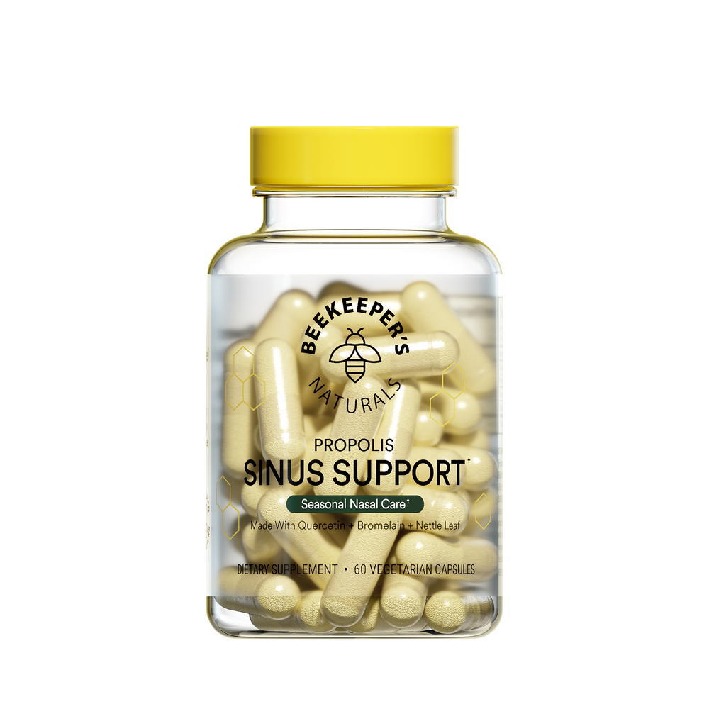 A bottle of Beekeeper's Naturals Propolis Sinus Support capsules.