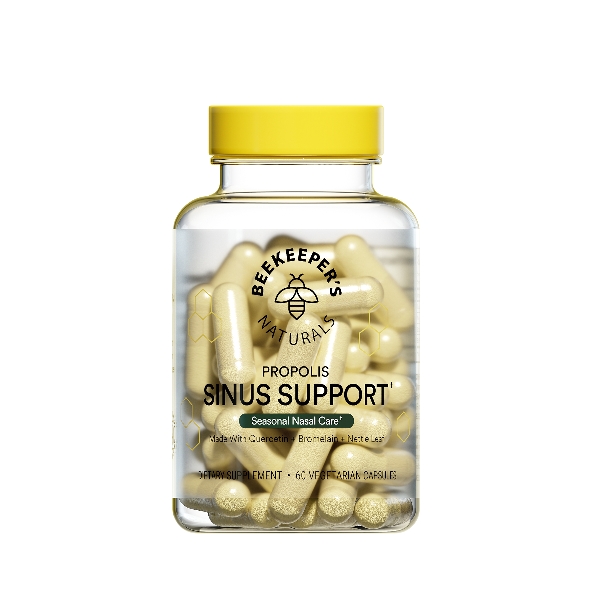 A bottle of Beekeeper's Naturals Propolis Sinus Support capsules.