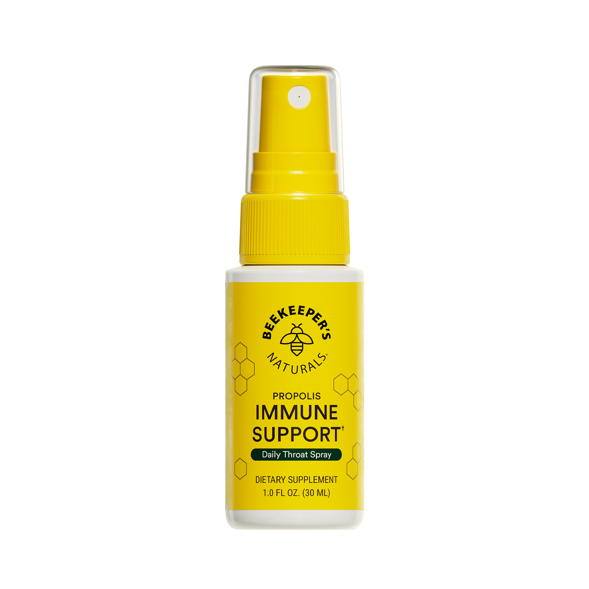 A yellow spray bottle labeled 'Beekeeper's Naturals Immune Support Propolis Throat Spray' with a black background.