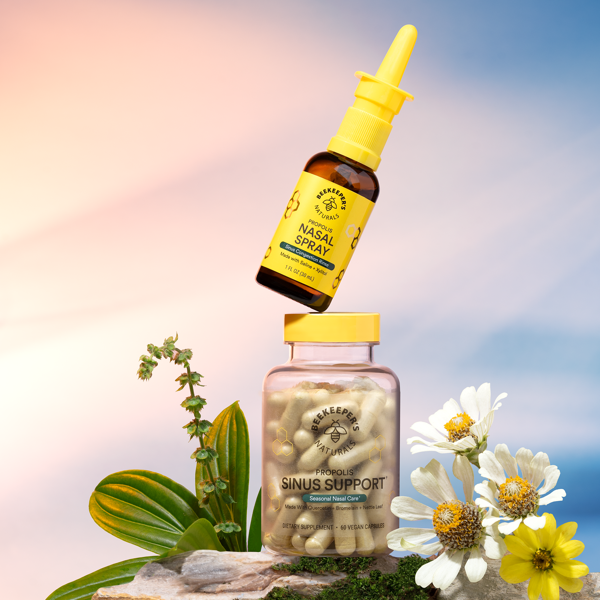 Propolis Nasal Spray product shot, features Sinus Support supplement. Natural allergy relief and sinus congestion aid.