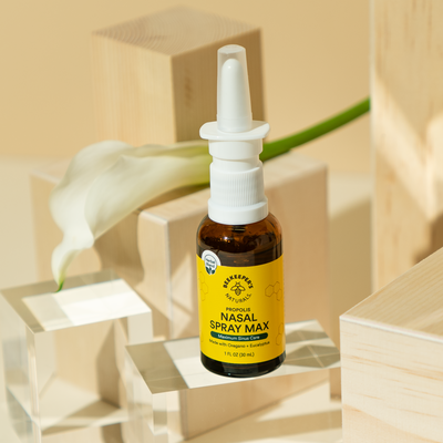 Propolis Nasal Spray Max from Beekeeper's Naturals for maximum sinus care. Herbal blend with oregano and eucalyptus.