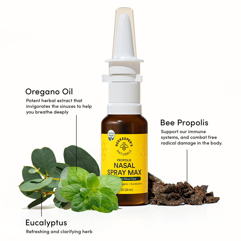 Nasal Spray Max showcasing key ingredients oregano oil, eucalyptus, and bee propolis for sinus care. Herbal blend, natural