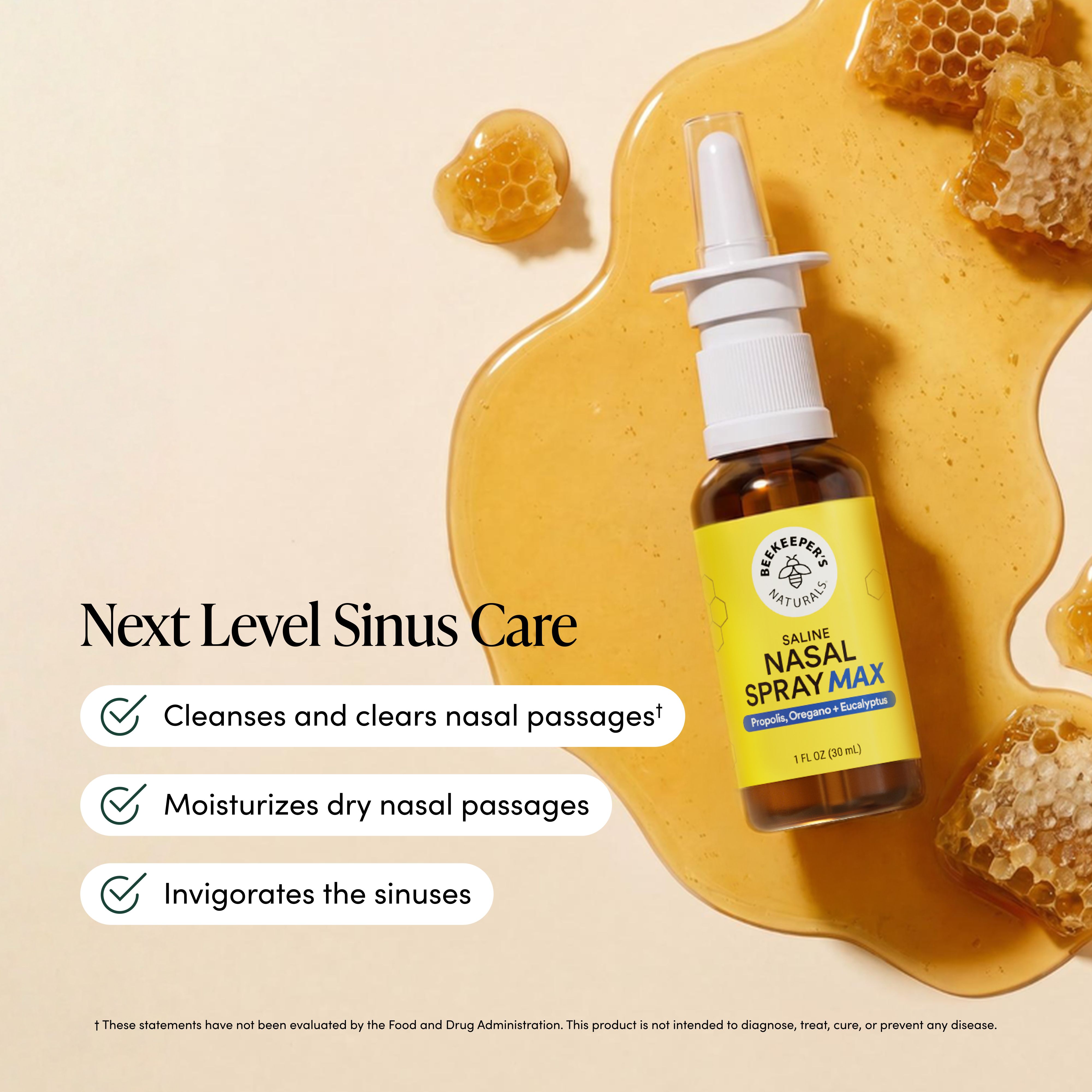 Nasal spray bottle with honeycomb and honey on a beige background, featuring product benefits.