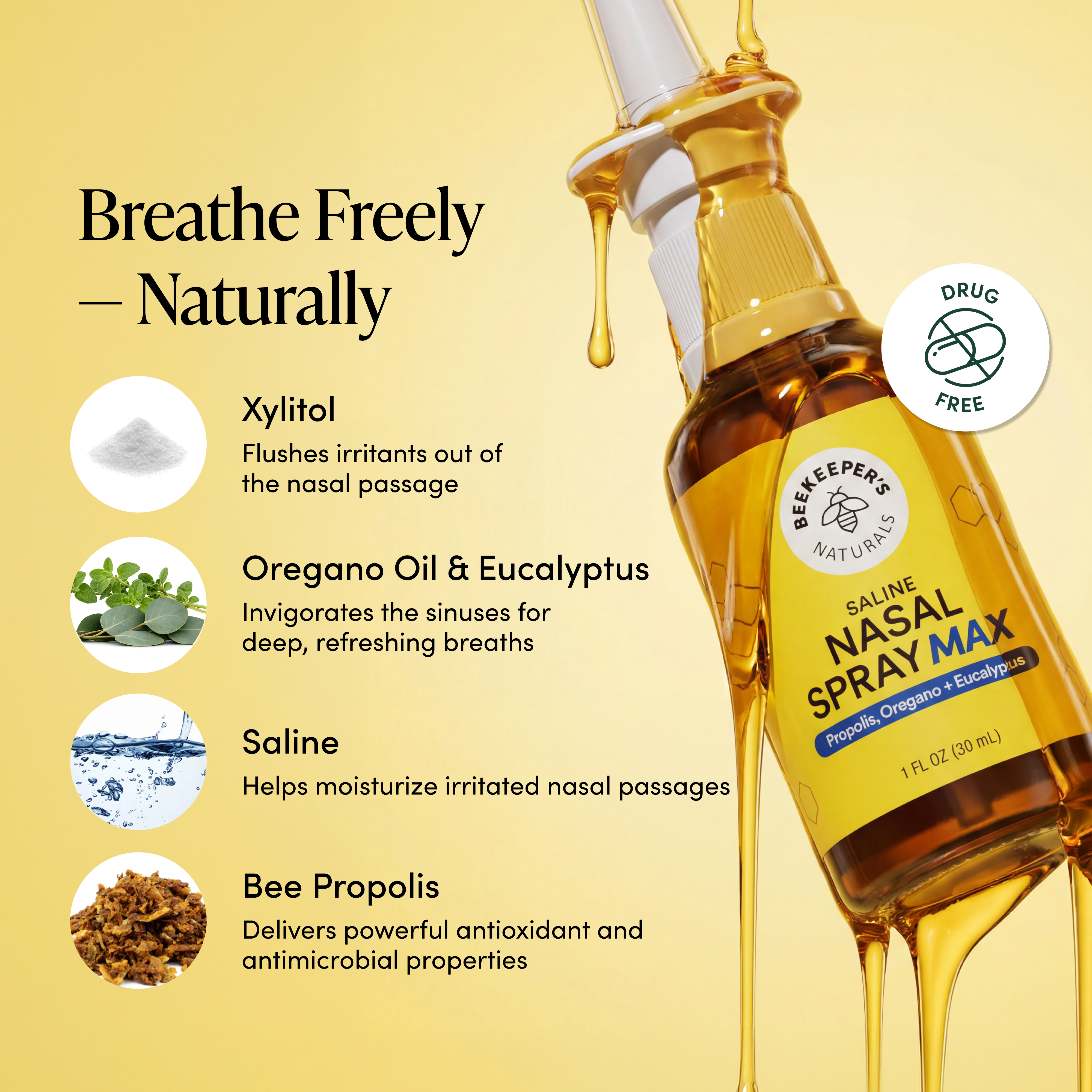 Beekeeper's Naturals Saline Nasal Spray Max bottle with ingredients listed on a yellow background