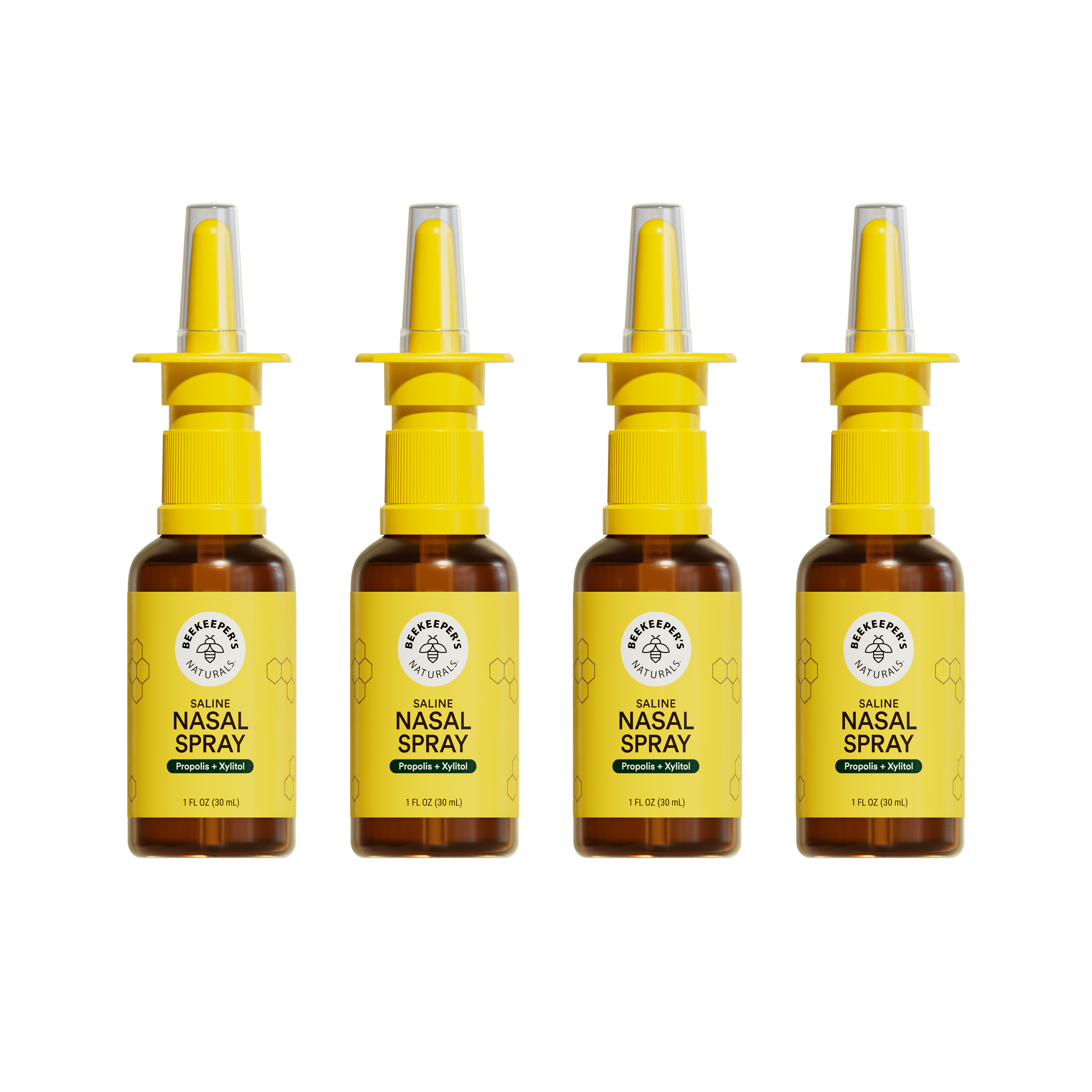 Four bottles of Nasal Spray with yellow labels on a white background