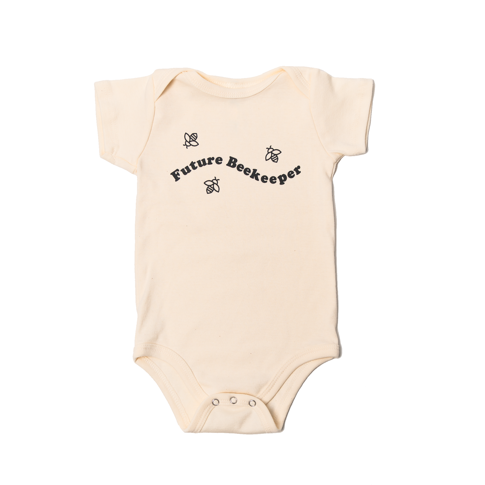 Beige baby onesie with 'Future Beekeeper' text and bee illustrations on a white background