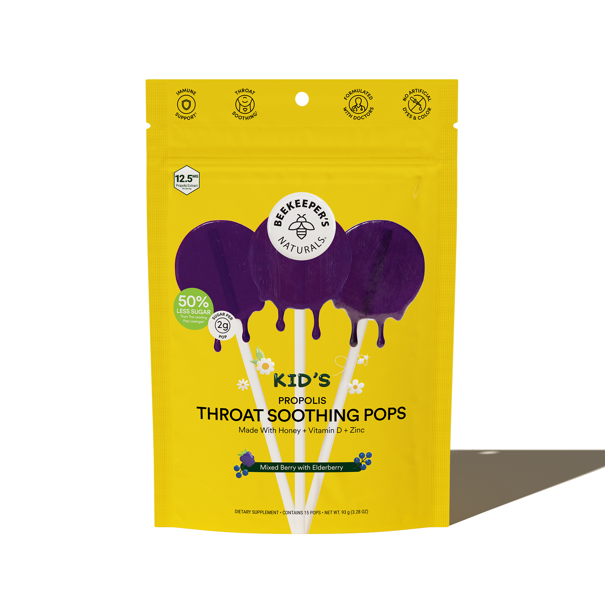 Packaging of Kid’s Throat Soothing Lollipops with elderberry flavor, presented in a yellow pouch with a purple lollipop image.