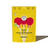 Front of Kid's Throat Soothing Lollipops package showing three watermelon lollipop illustrations on a yellow background