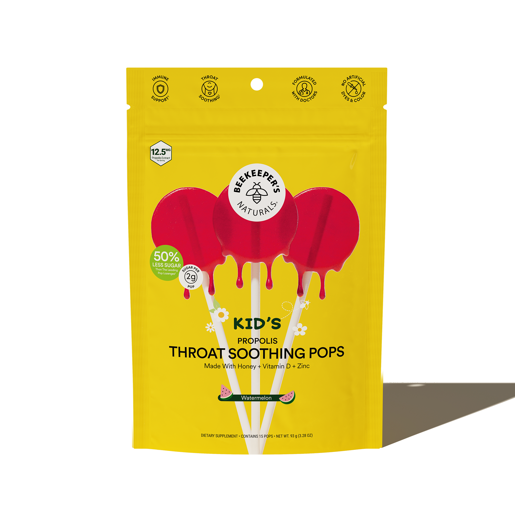 Front of Kid's Throat Soothing Lollipops package showing three watermelon lollipop illustrations on a yellow background
