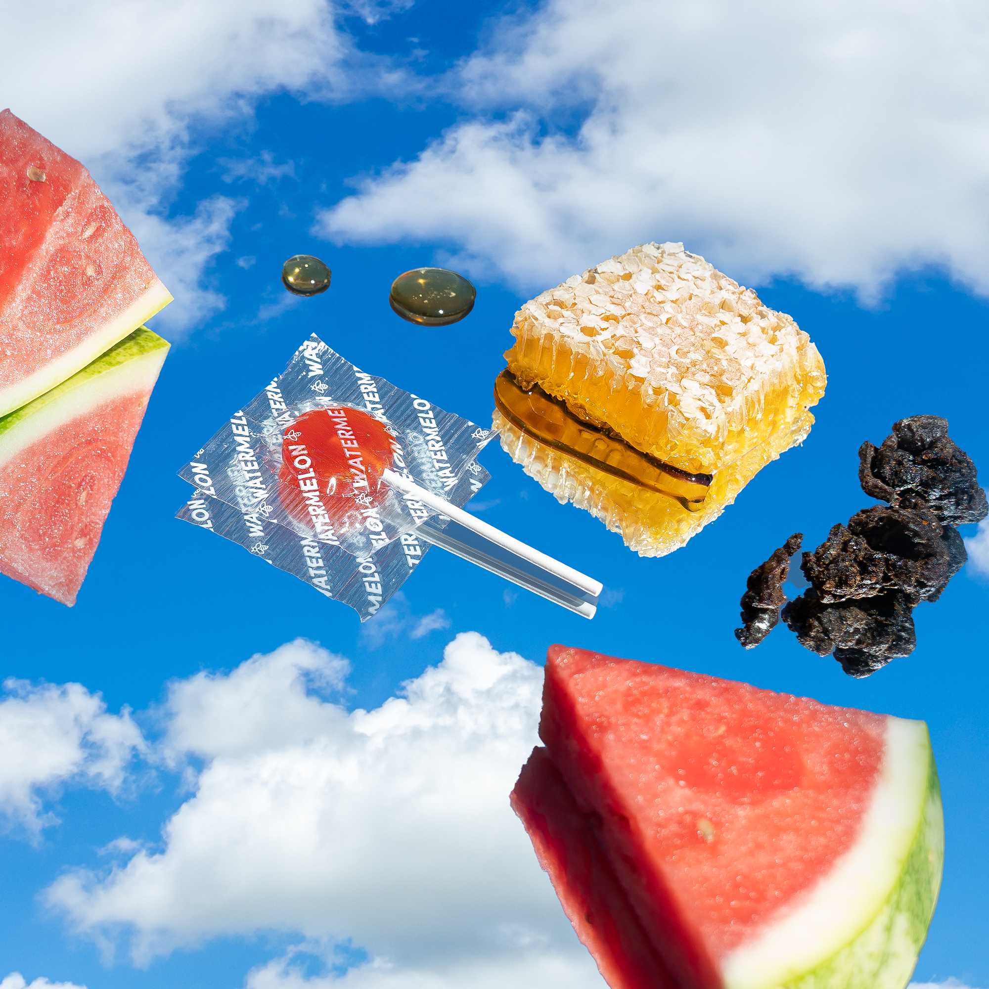 Kid's watermelon lollipop ingredients: honey, dried plum, & fruit. Throat soothing for kids. "WATERMELON" text on wrapper.