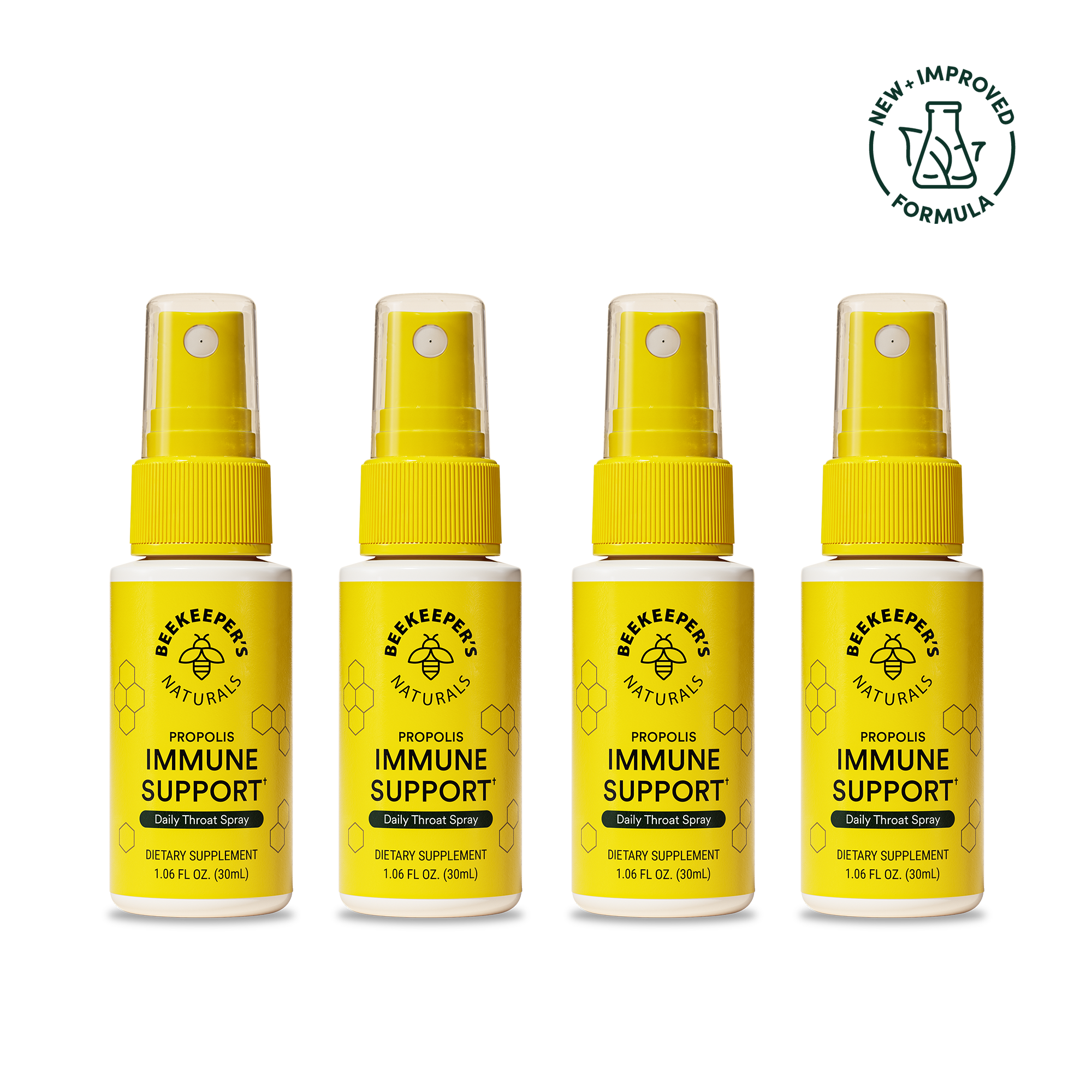 Propolis throat spray, 4-pack for immune support. Beekeeper's Naturals dietary supplement for daily throat health. 1.06 fl