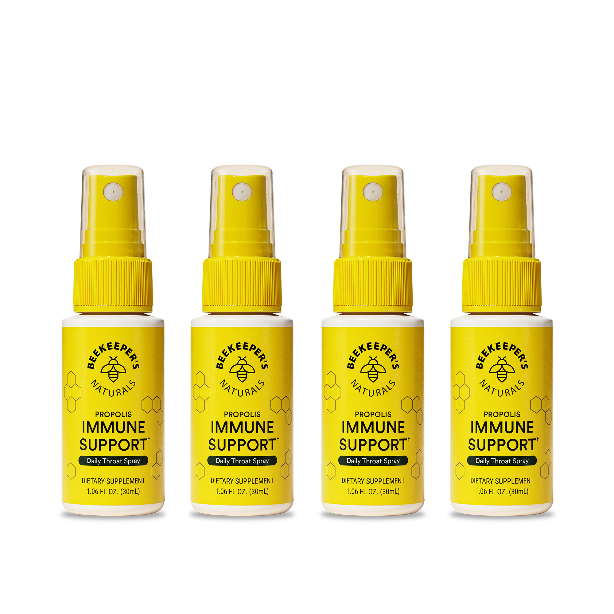 Four bottles of Beekeeper's Naturals Propolis Immune Support spray on a white background