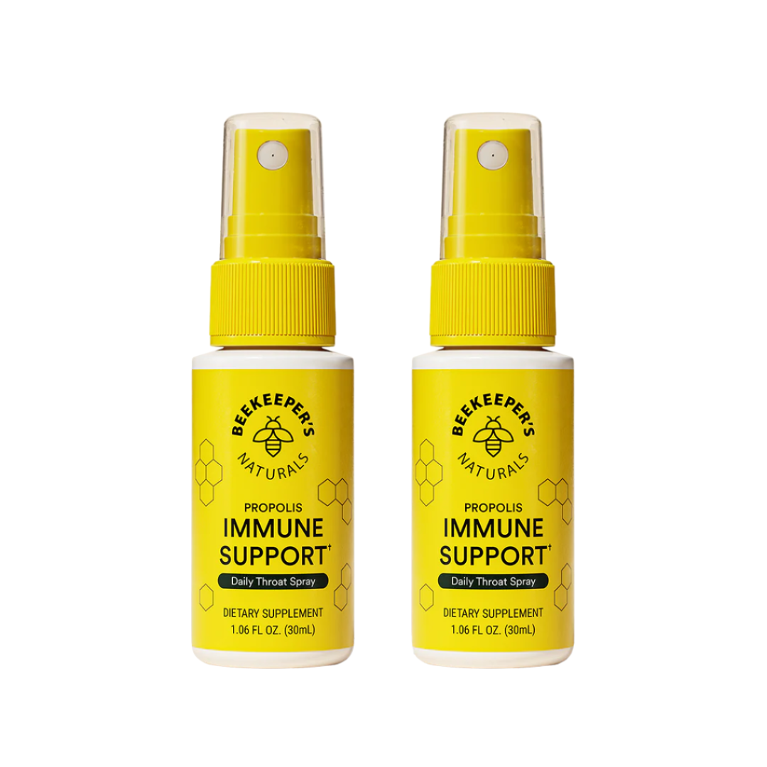 Two-pack of Beekeeper's Naturals Propolis Immune Support Throat Spray. "Propolis Immune Support" text visible. Dietary