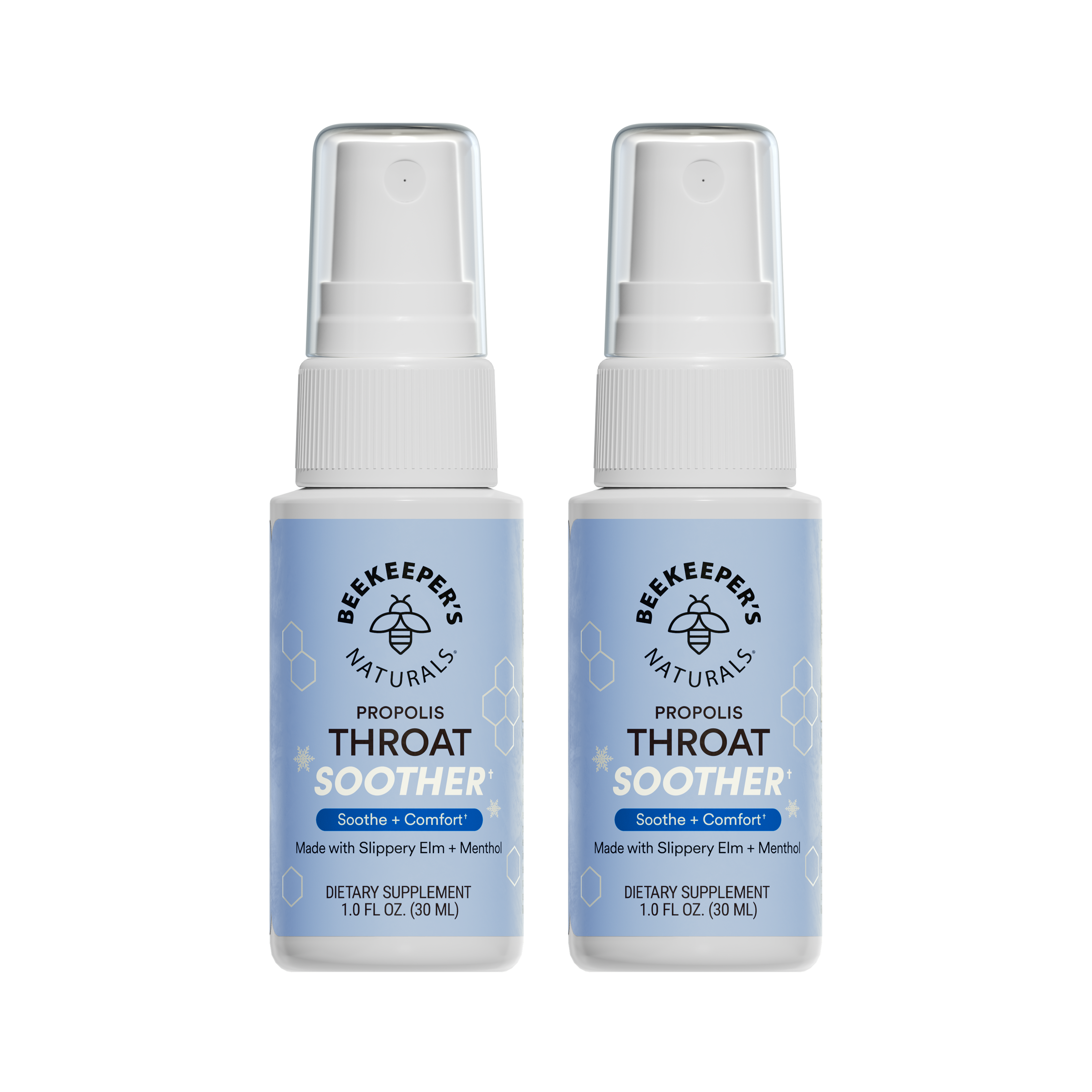 Two bottles of Beekeeper's Naturals Propolis Throat Soother on a white background