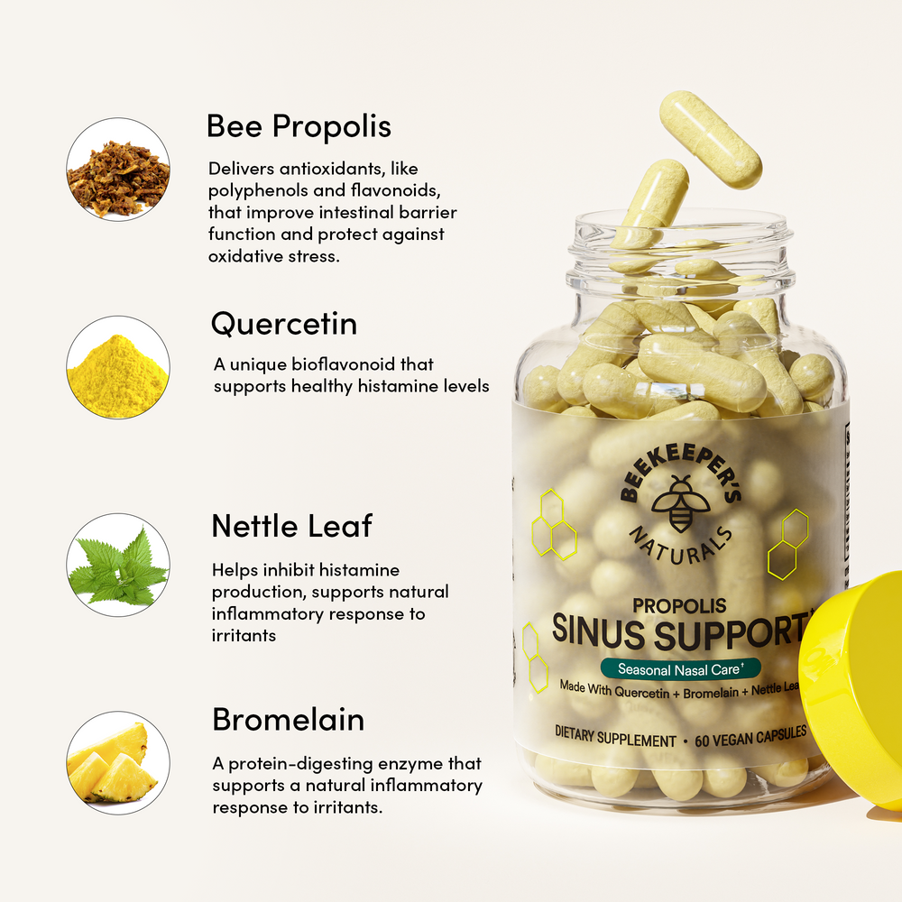 Sinus Support supplement ingredients: Bee Propolis, Quercetin, Nettle Leaf & Bromelain information. Dietary supplement